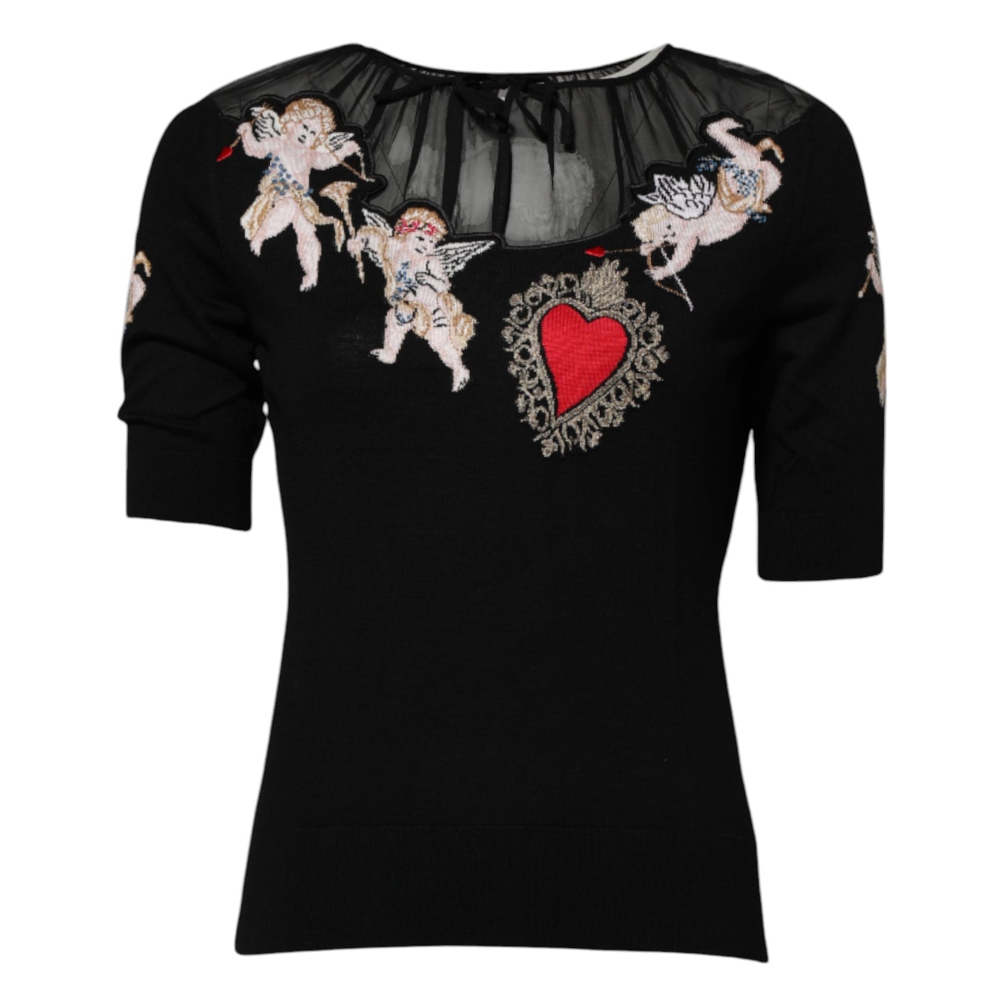 Top de cuello redondo negro con bordado del Sagrado Corazón