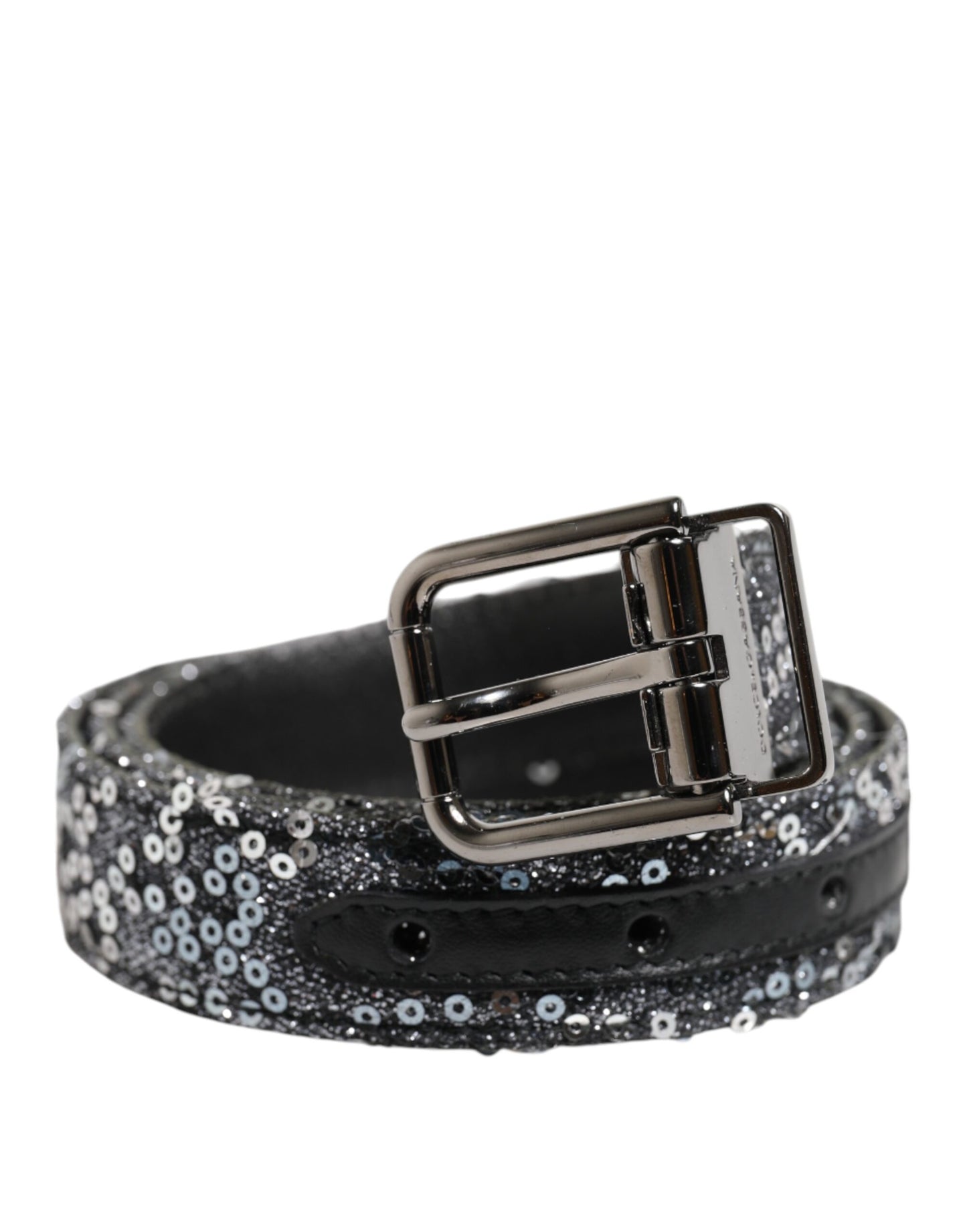 Ceinture à boucle logo en métal argenté et paillettes noires