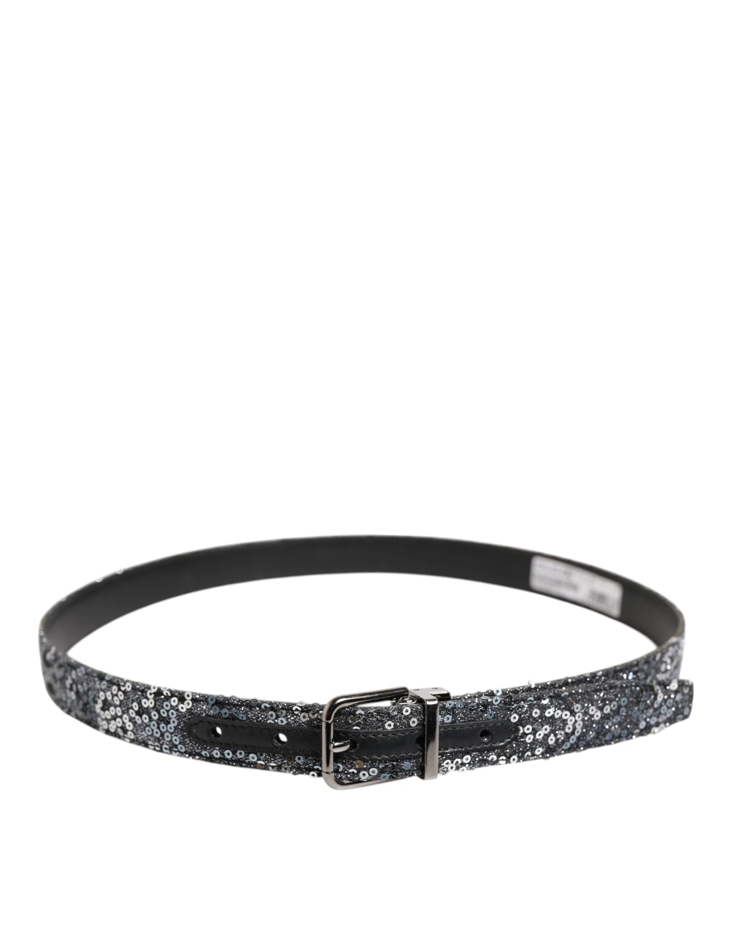 Ceinture à boucle logo en métal argenté et paillettes noires