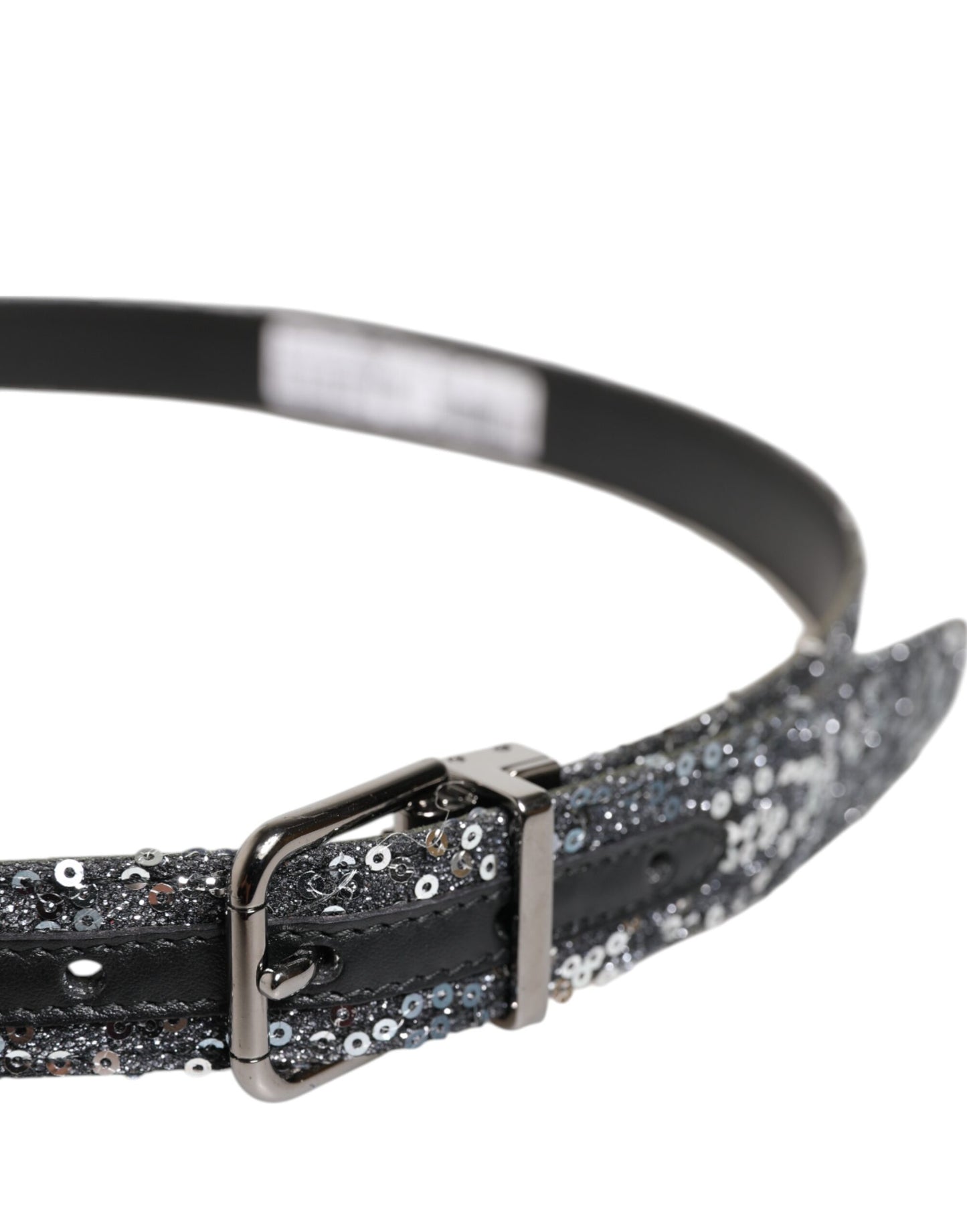 Ceinture à boucle logo en métal argenté et paillettes noires