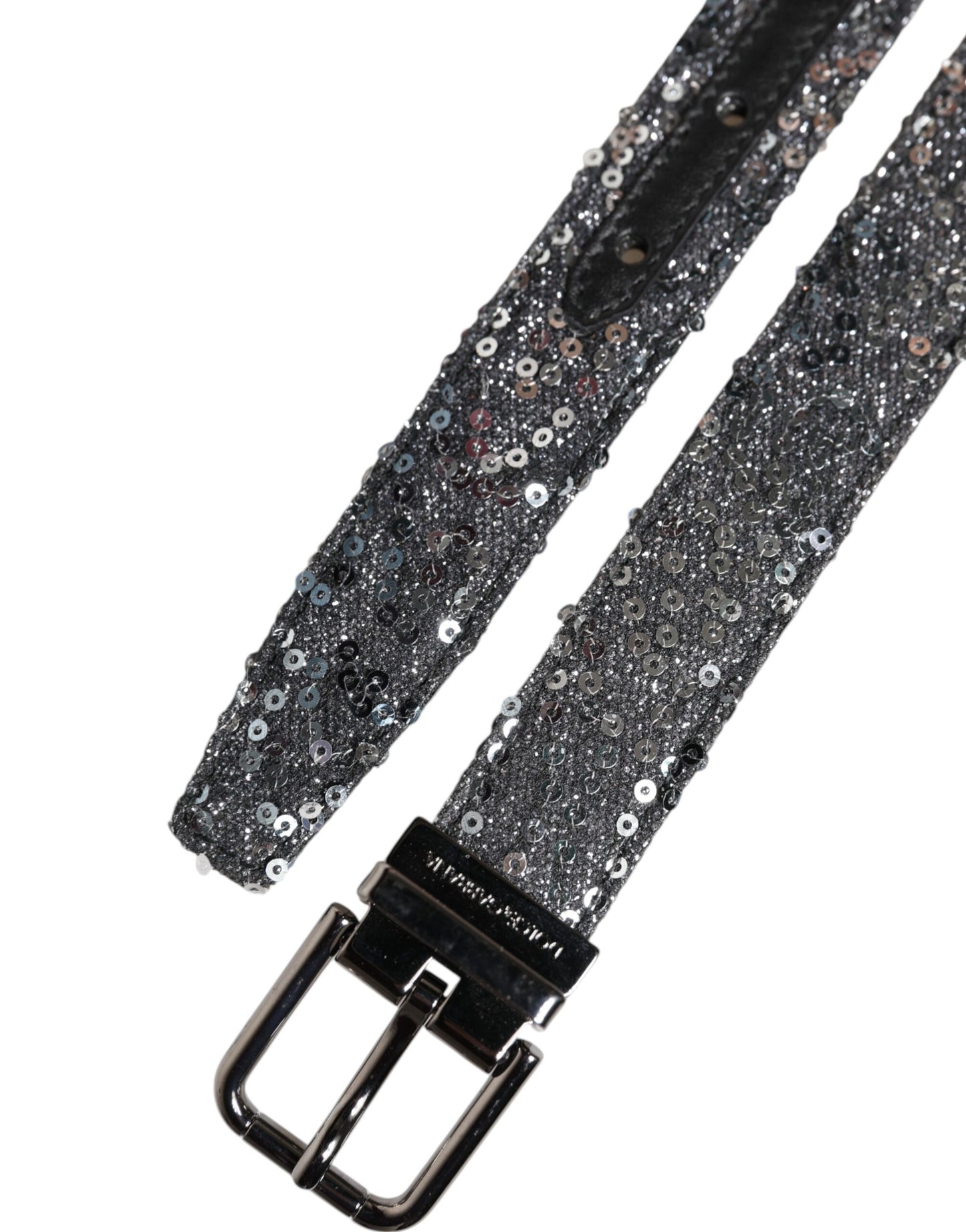 Ceinture à boucle logo en métal argenté et paillettes noires