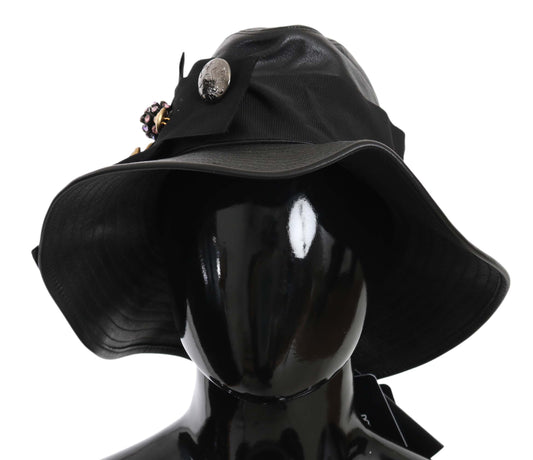 Sombrero de ala ancha con cristales y monedas DG de cuero negro
