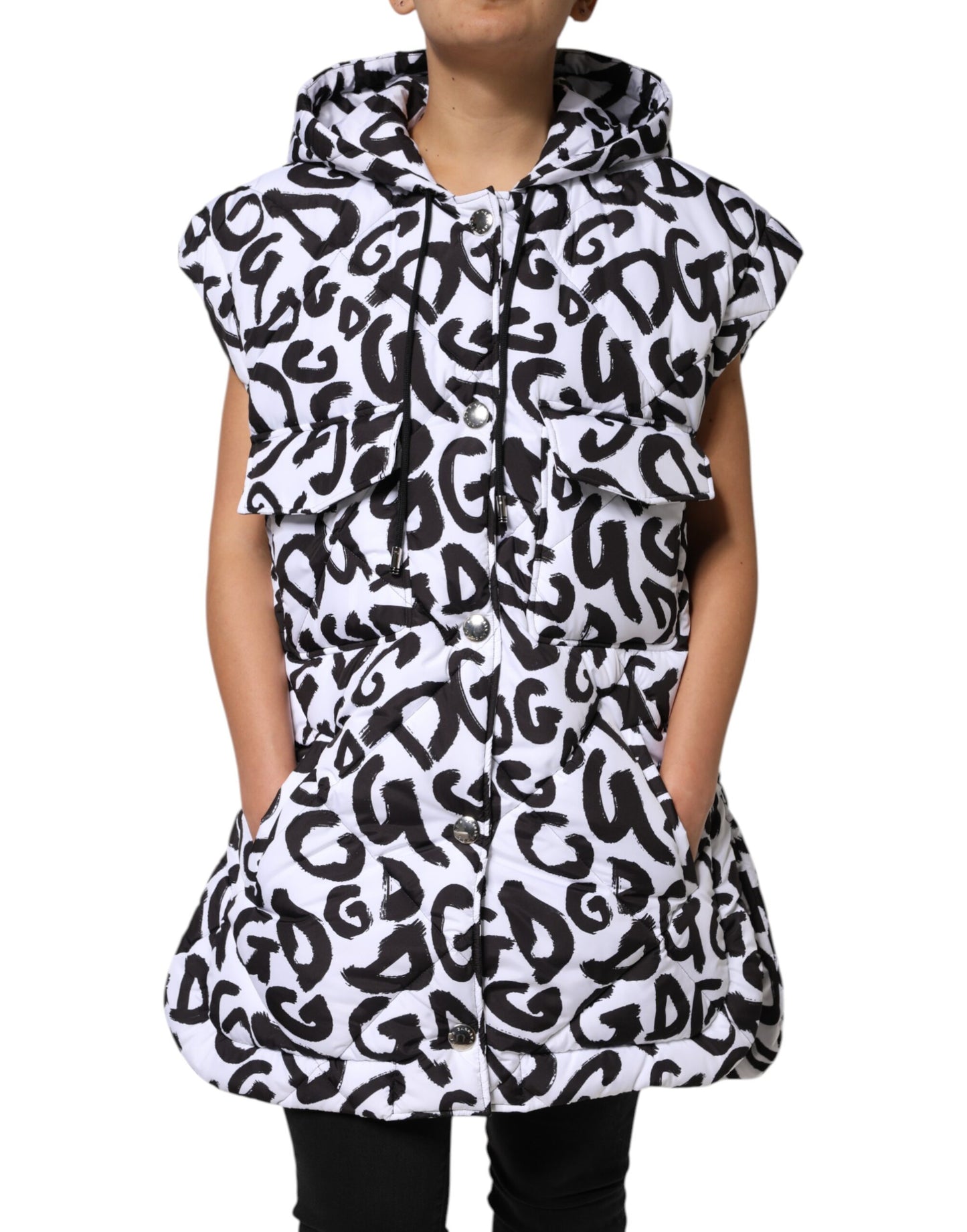 Chaqueta acolchada blanca sin mangas con capucha DG Mania