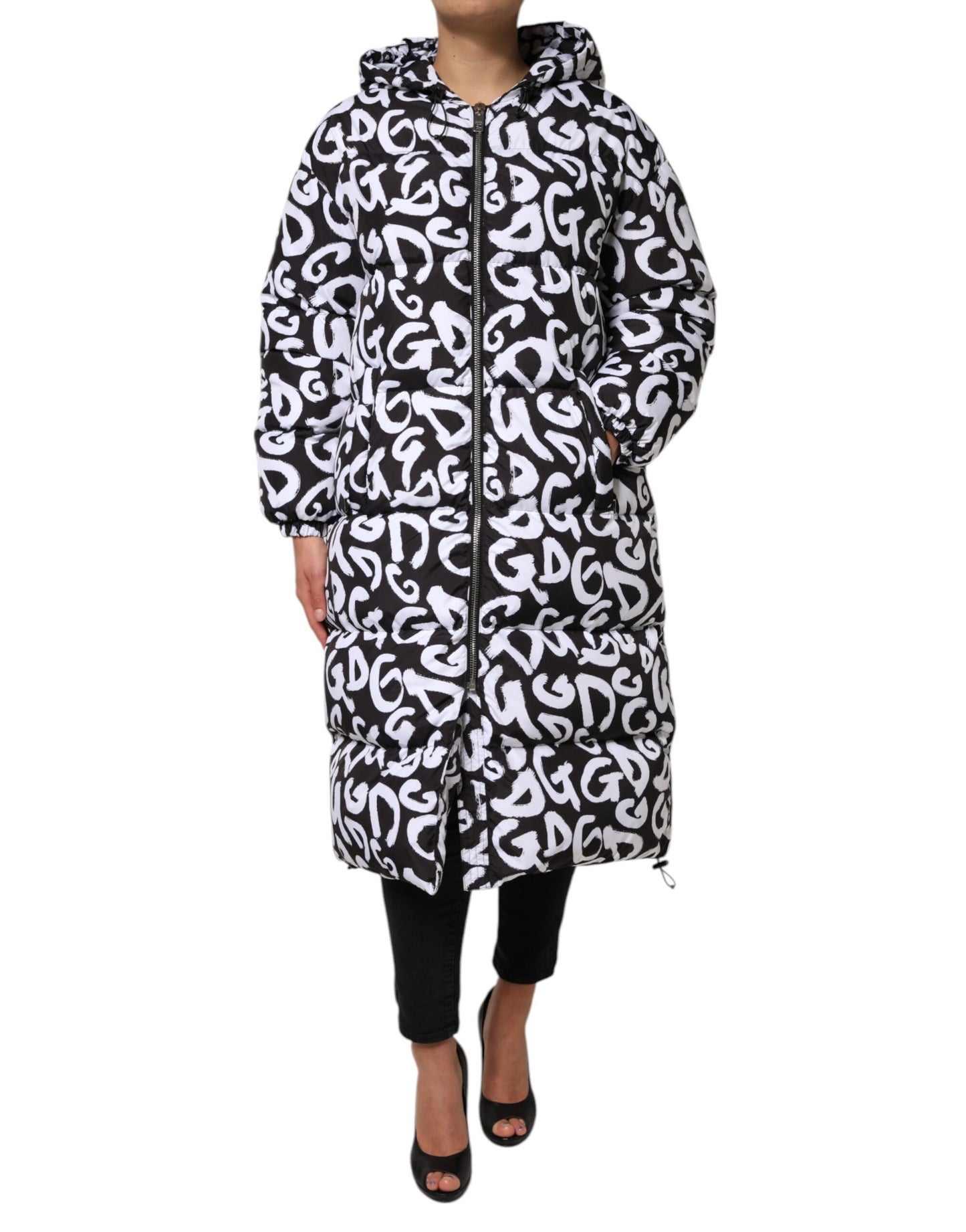 Chaqueta larga con capucha DG Mania en blanco y negro