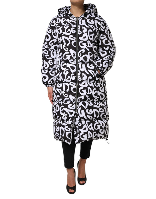 Chaqueta larga con capucha DG Mania en blanco y negro