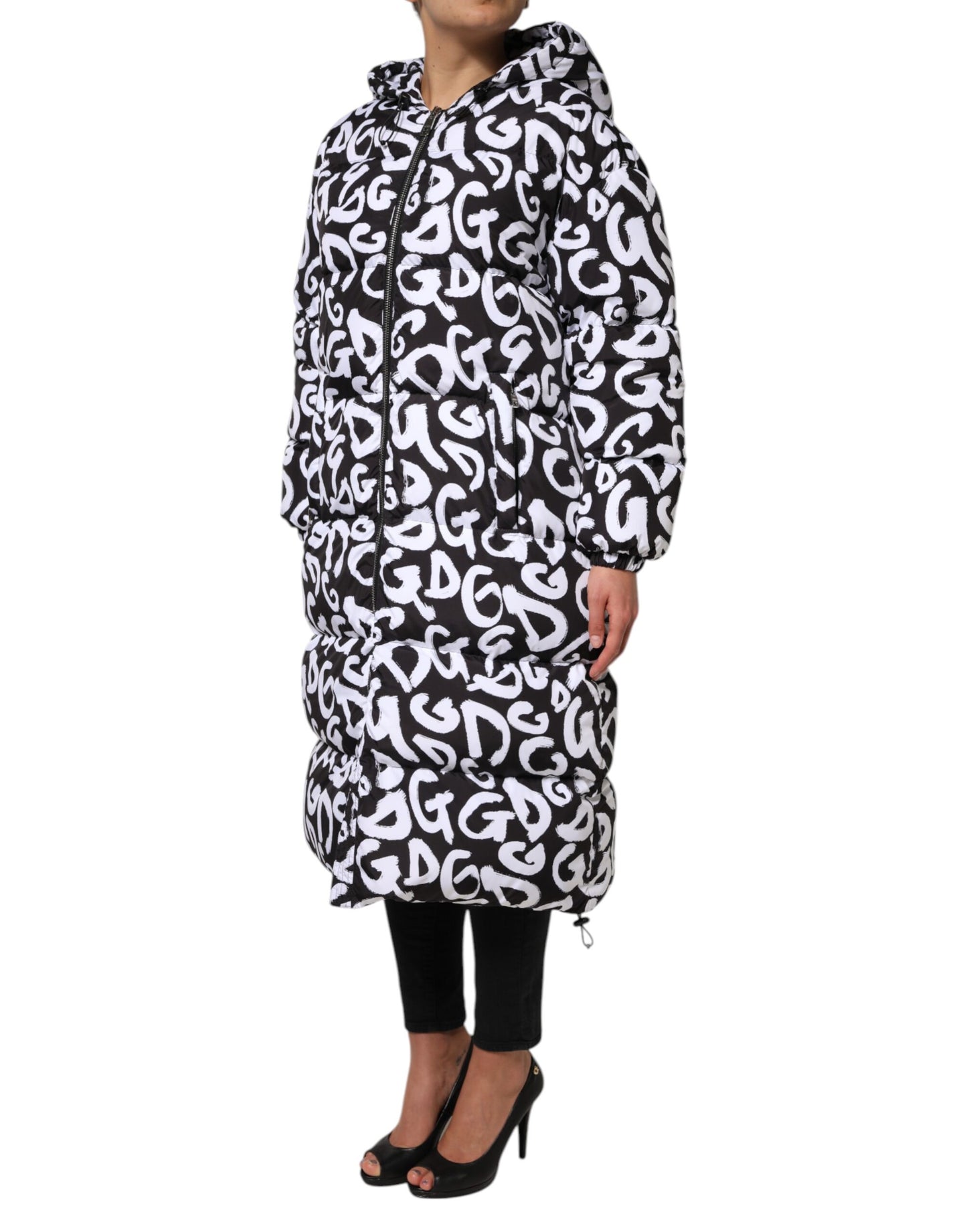 Chaqueta larga con capucha DG Mania en blanco y negro