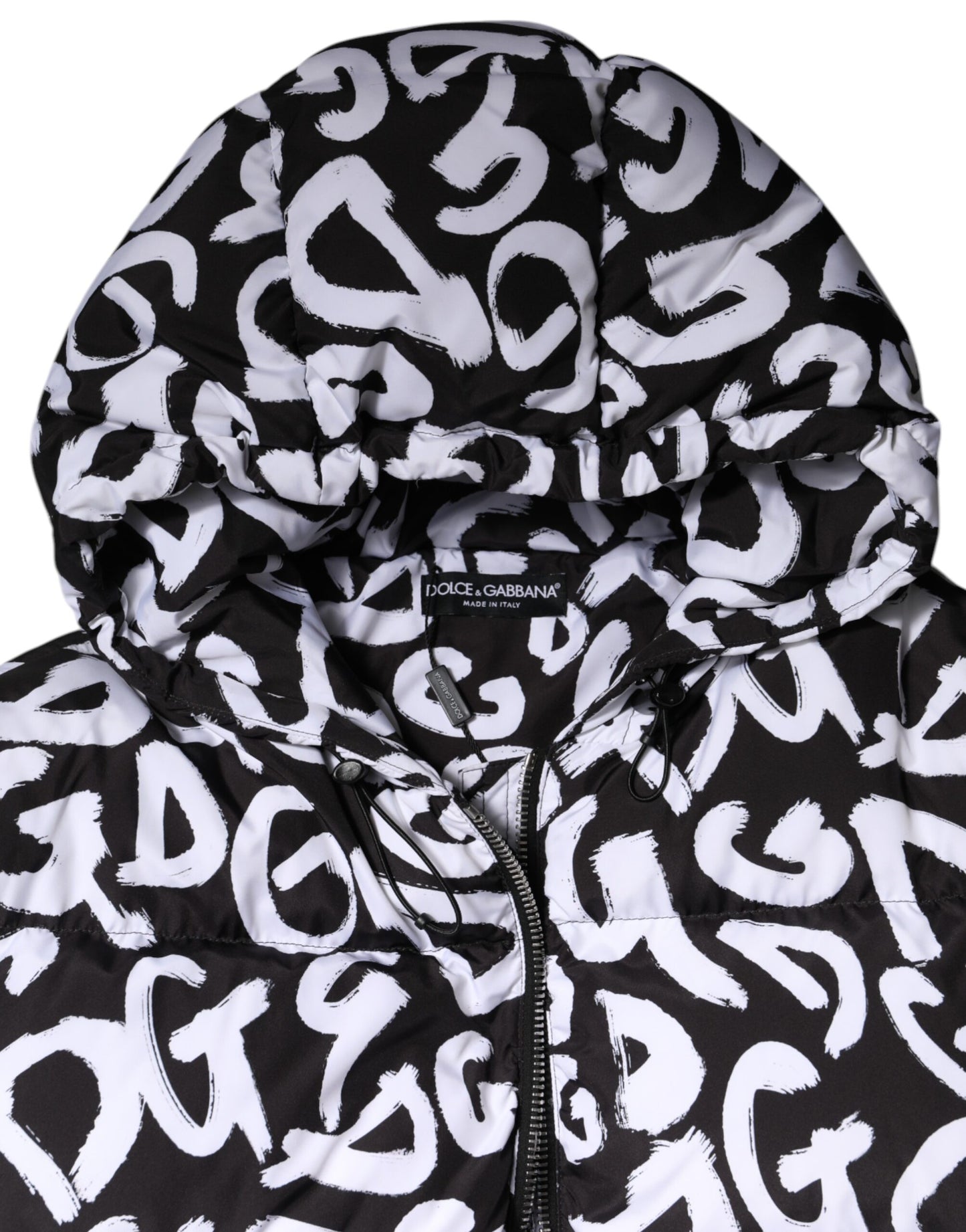 Chaqueta larga con capucha DG Mania en blanco y negro