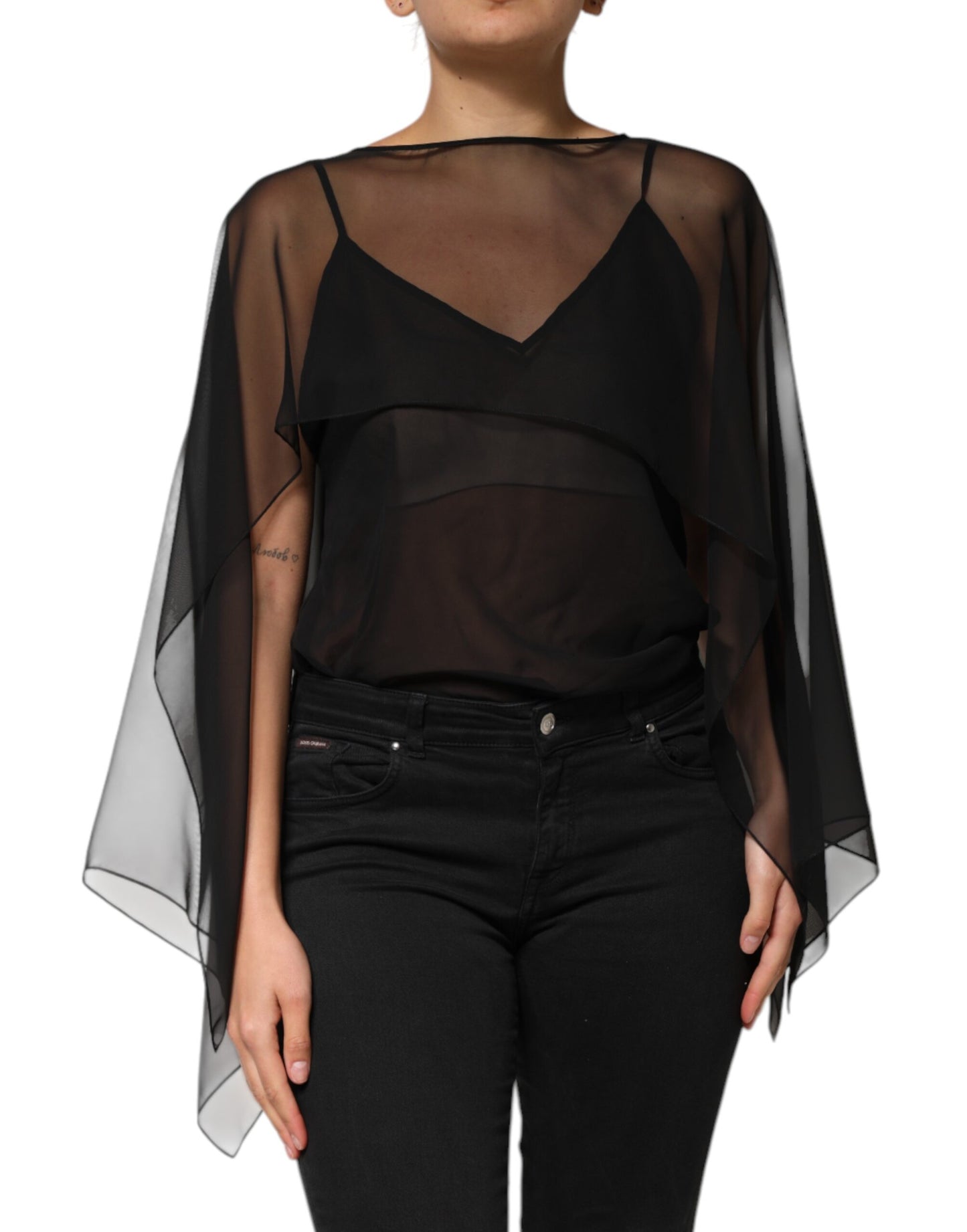 Blusa de gasa de seda negra transparente con encaje
