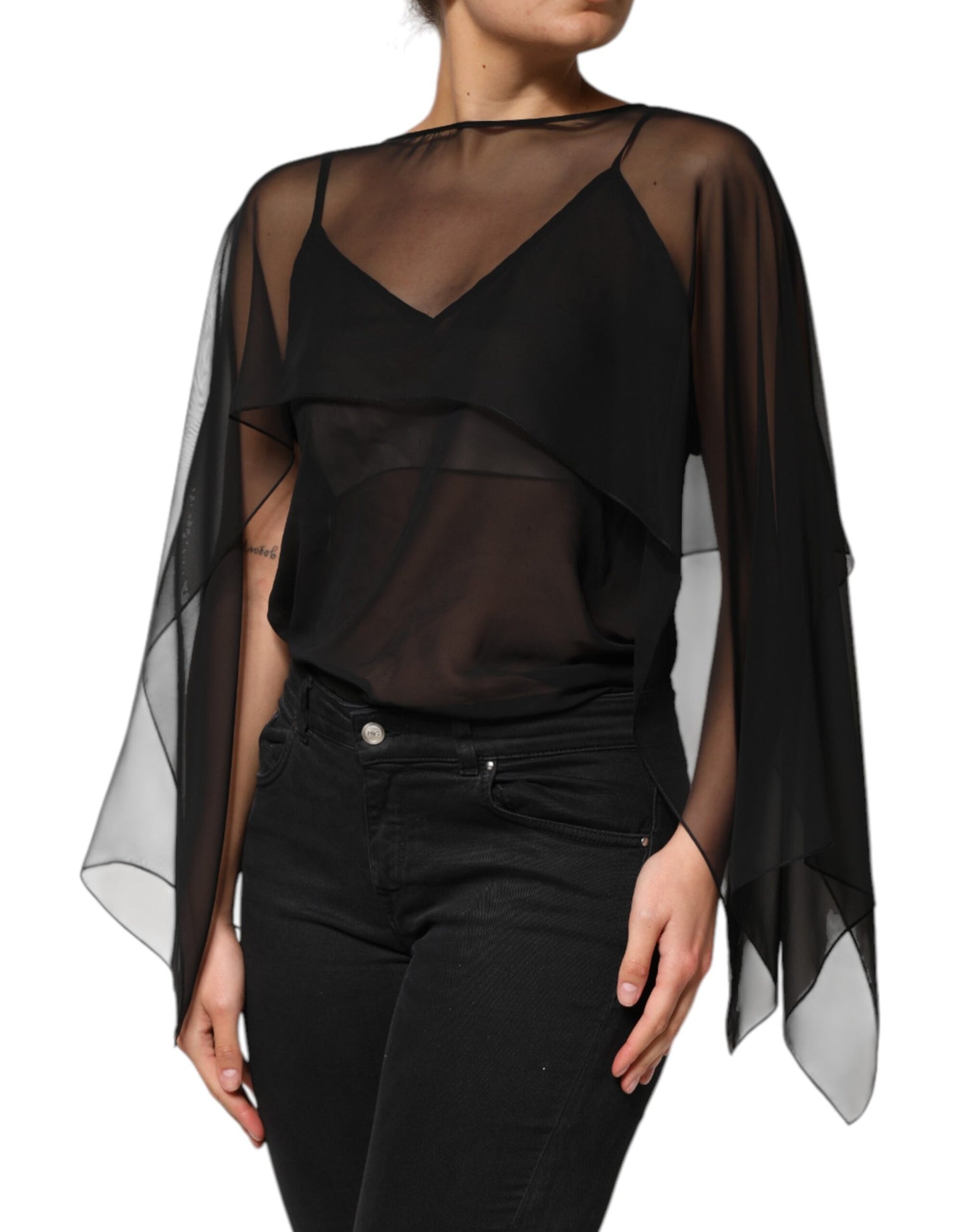 Blusa de gasa de seda negra transparente con encaje