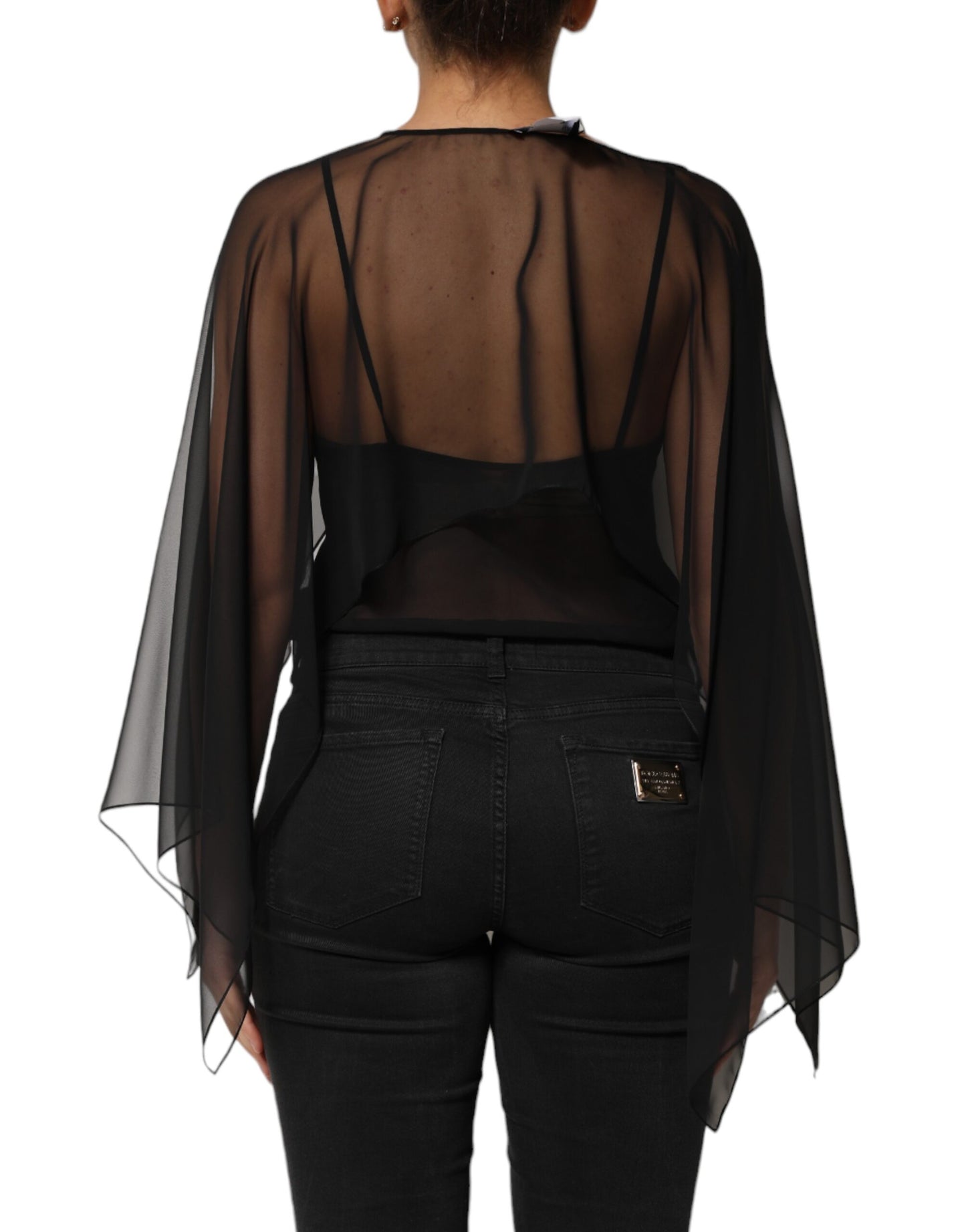 Blusa de gasa de seda negra transparente con encaje