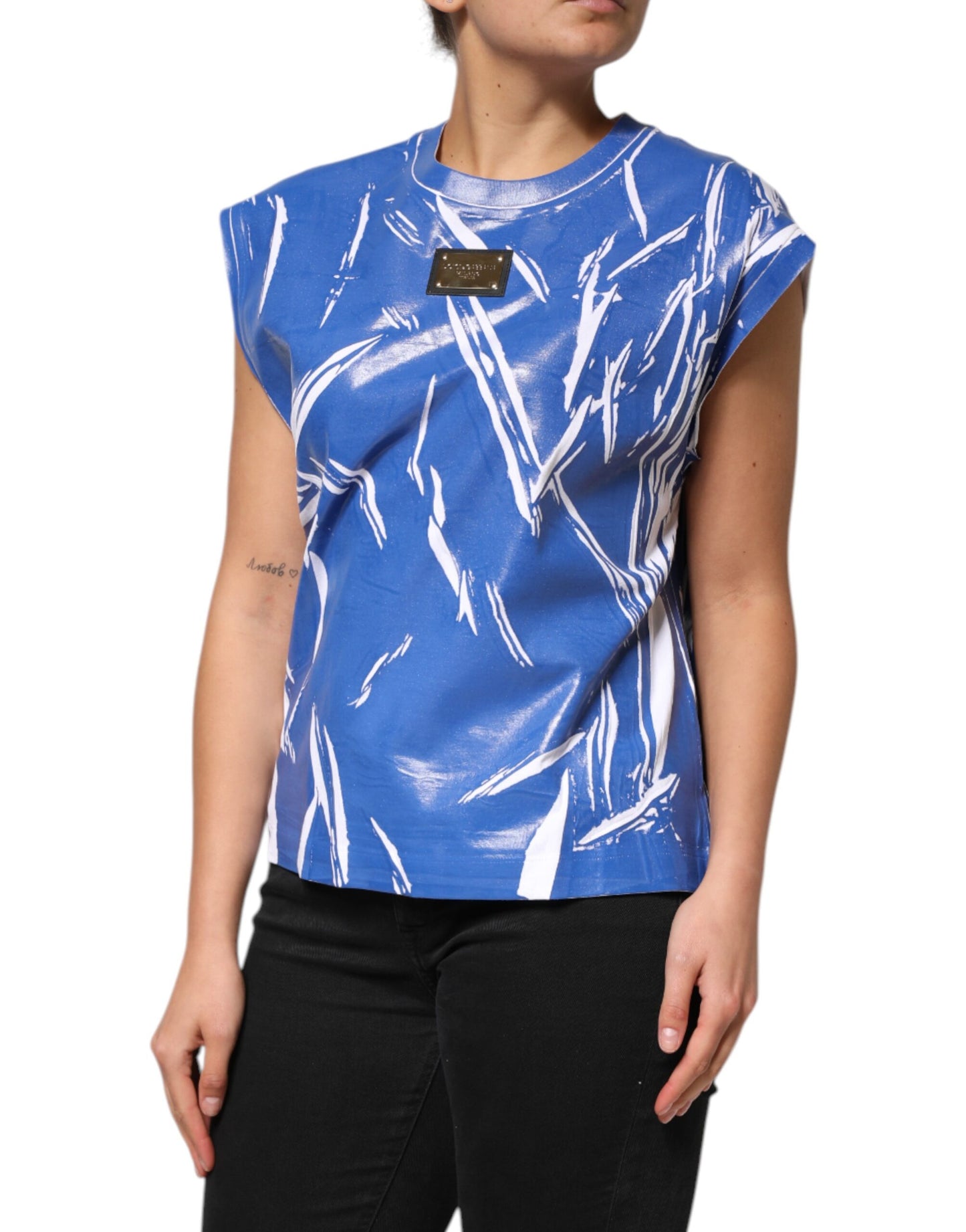 Camiseta sin mangas de algodón azul y blanco con placa del logotipo para mujer