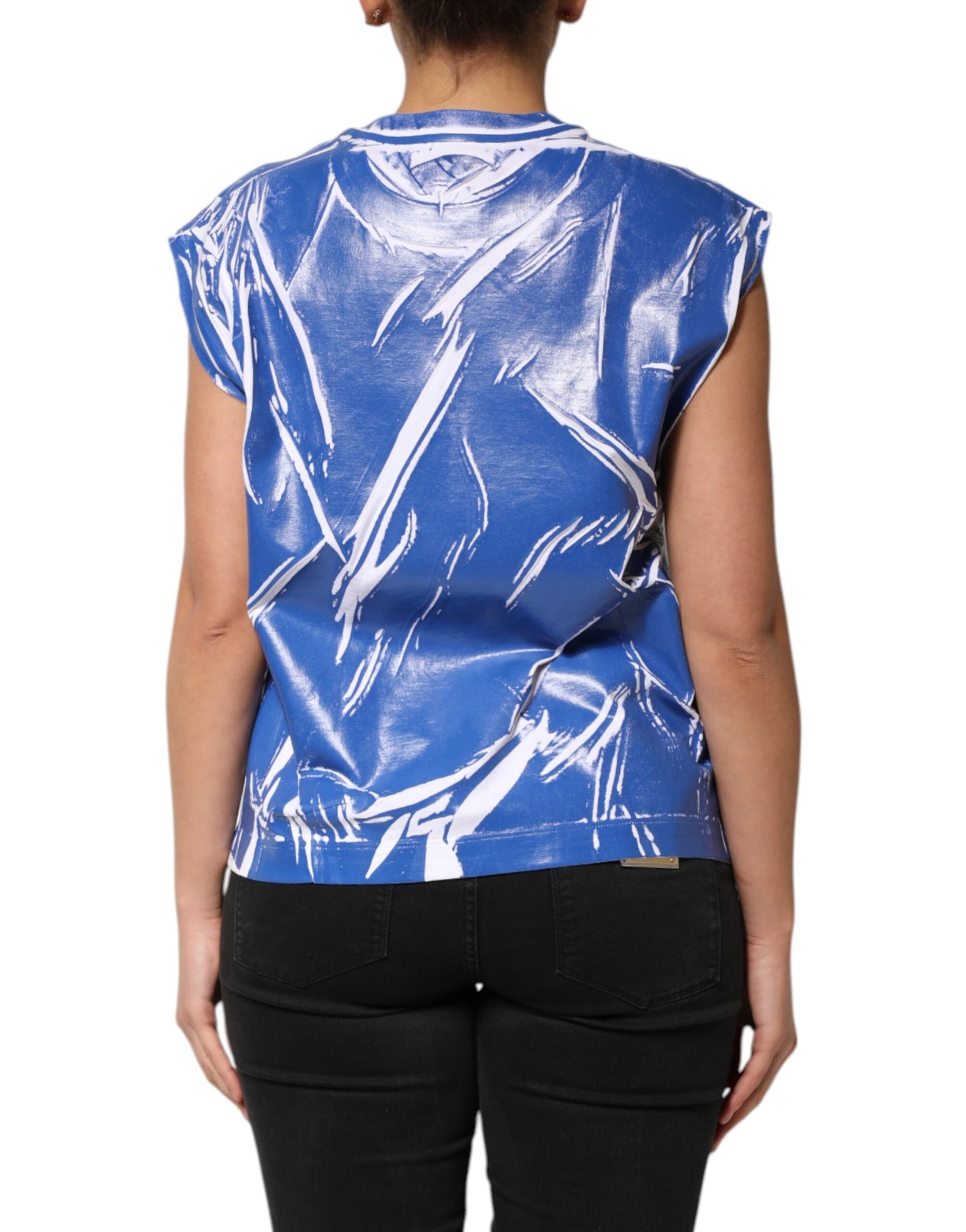 Camiseta sin mangas de algodón azul y blanco con placa del logotipo para mujer