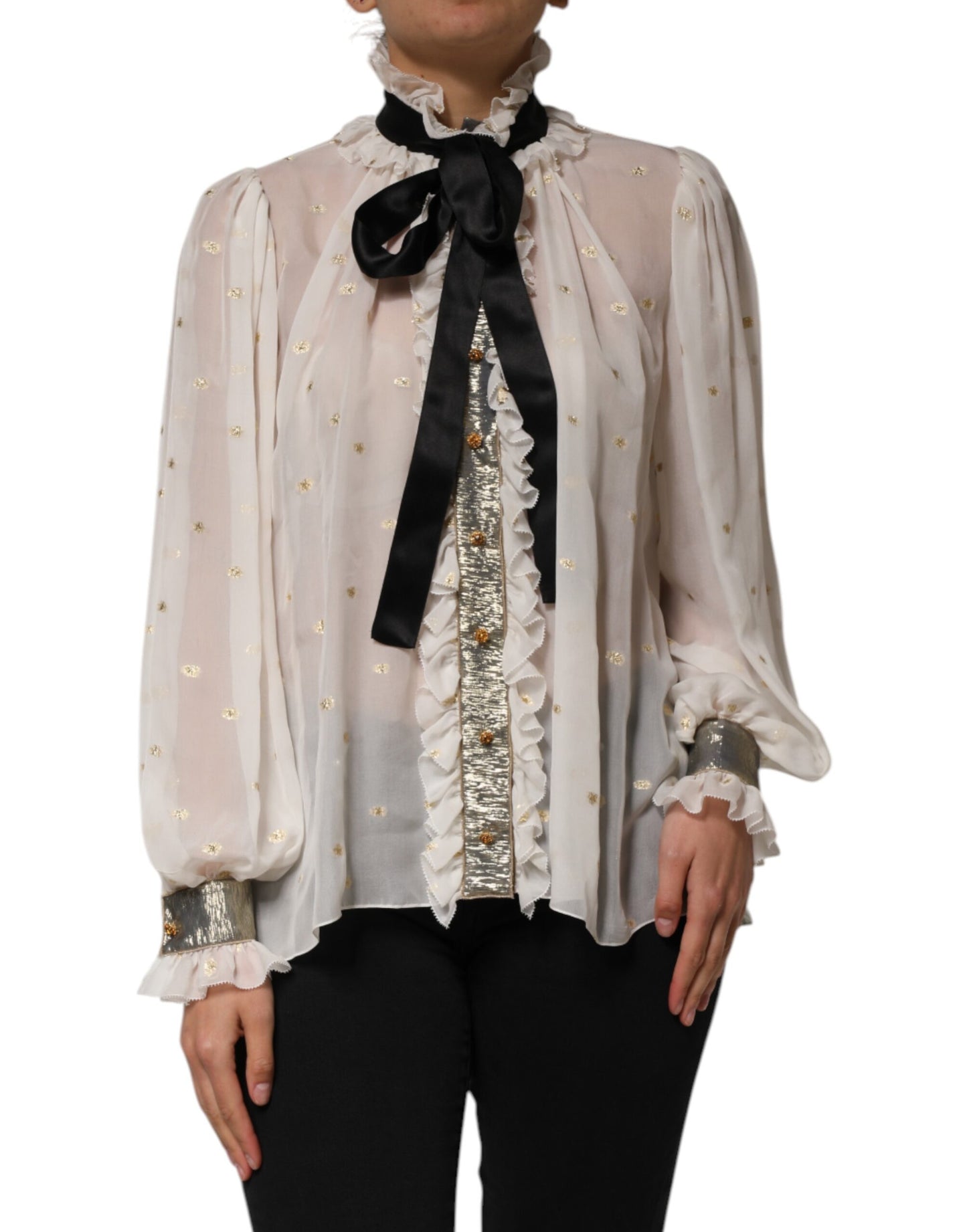 Top de cuello Ascot de manga larga de seda blanca y negra