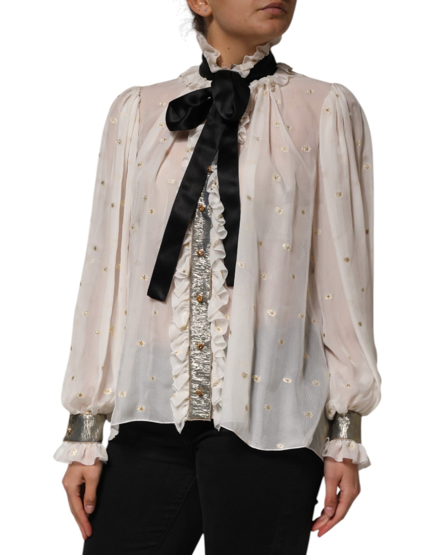 Top de cuello Ascot de manga larga de seda blanca y negra