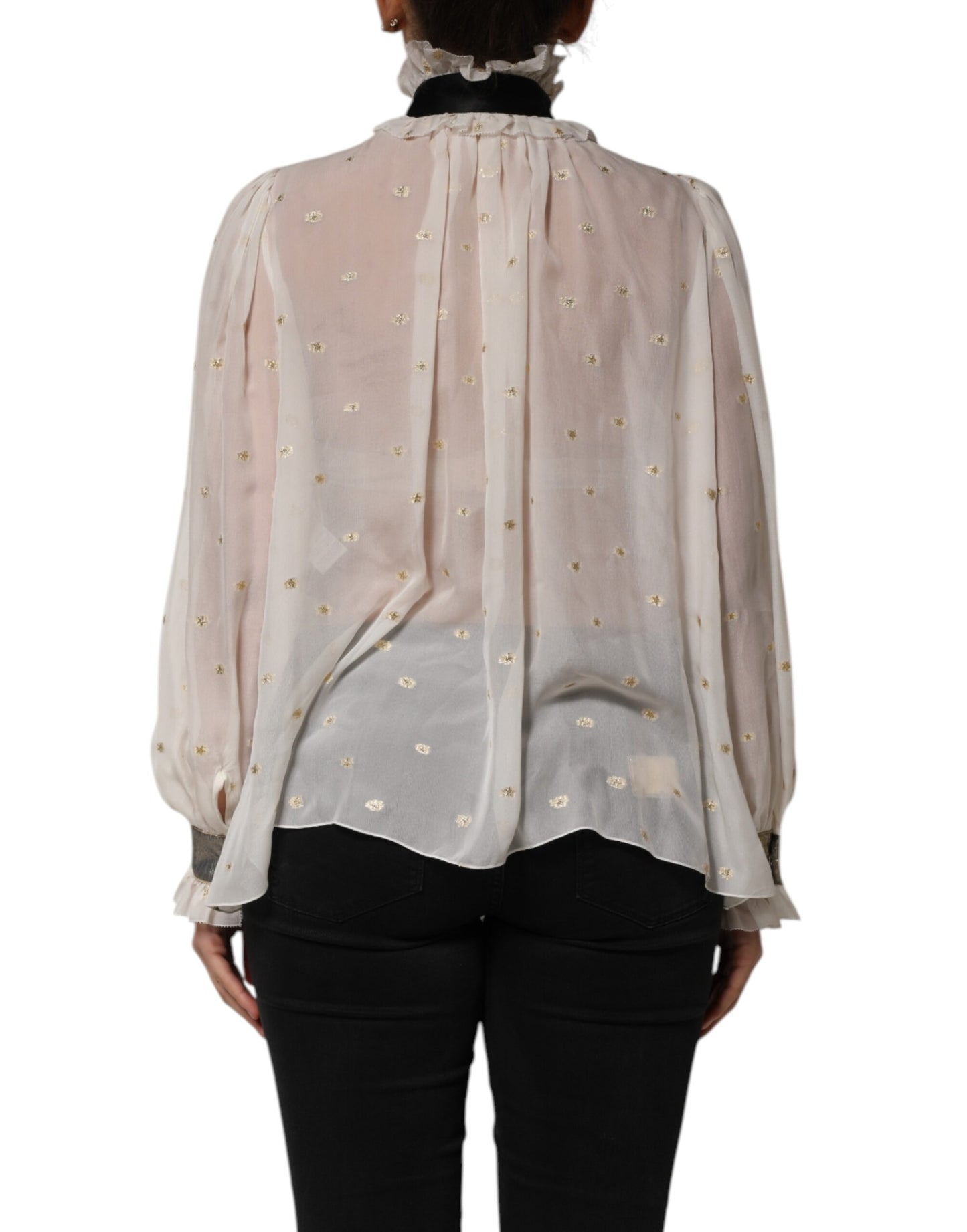 Top de cuello Ascot de manga larga de seda blanca y negra