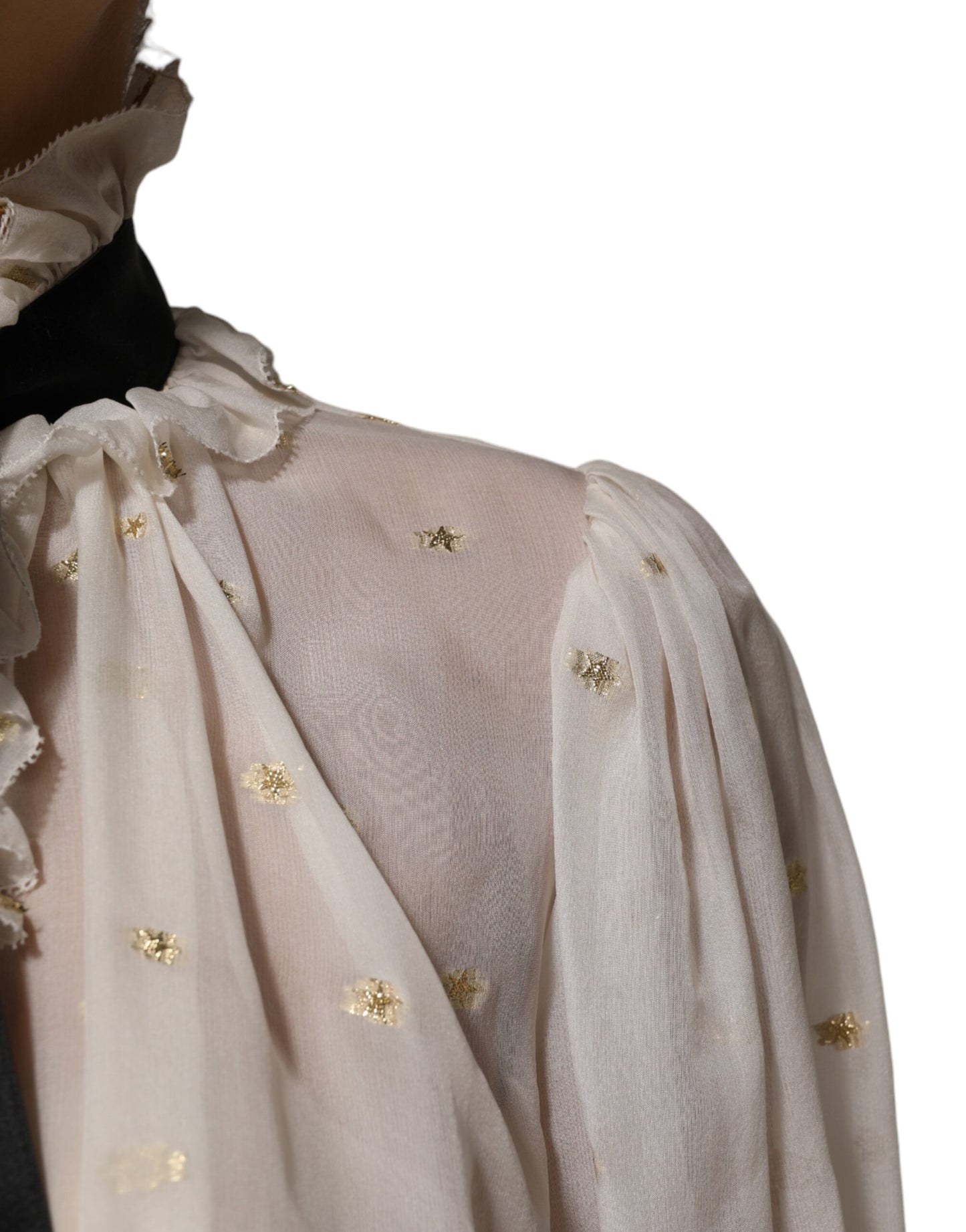 Top de cuello Ascot de manga larga de seda blanca y negra
