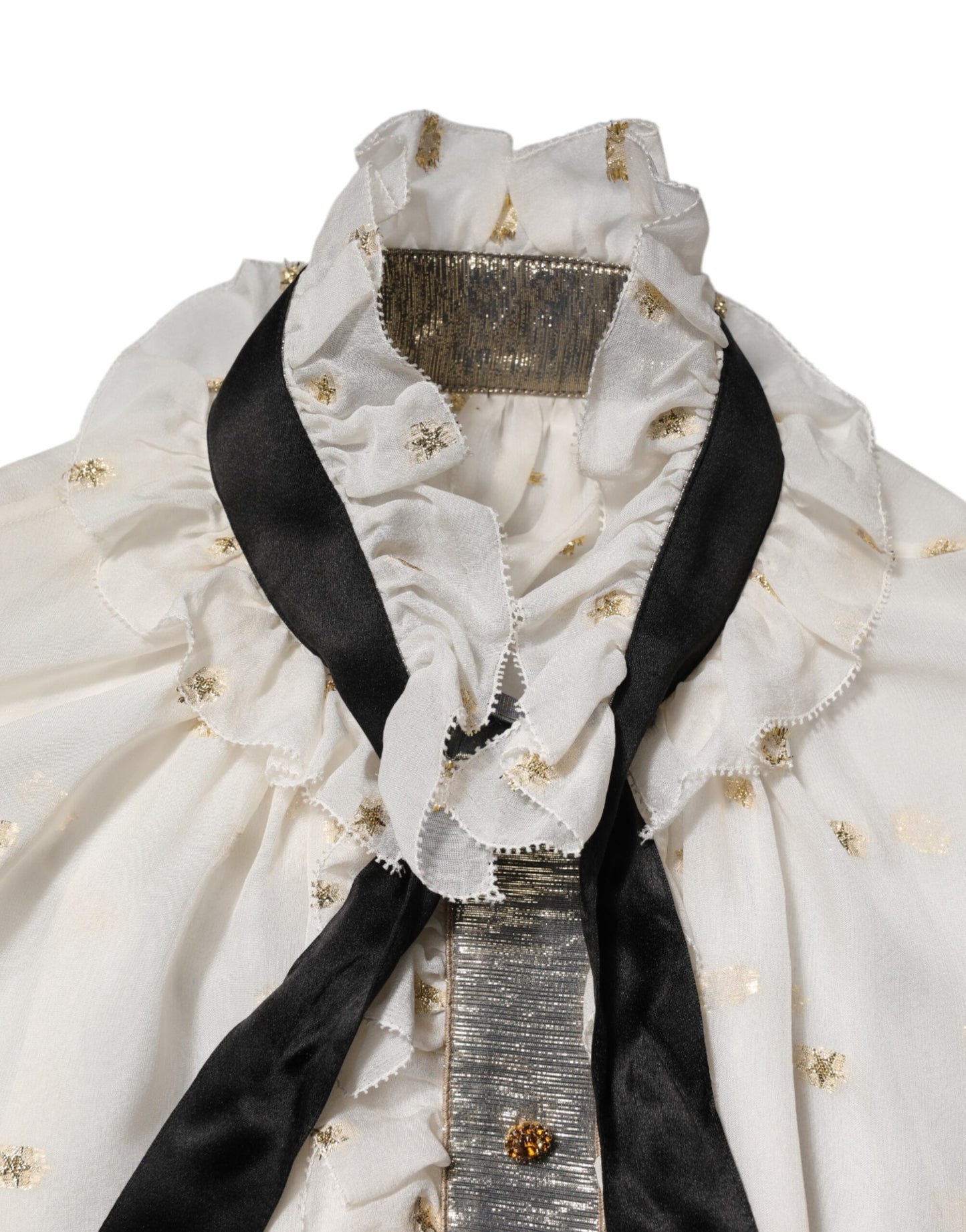 Top de cuello Ascot de manga larga de seda blanca y negra