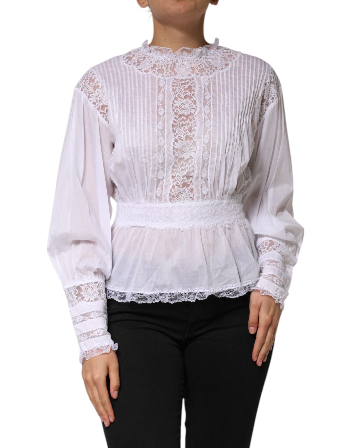 Blusa de manga larga con encaje floral de algodón blanco