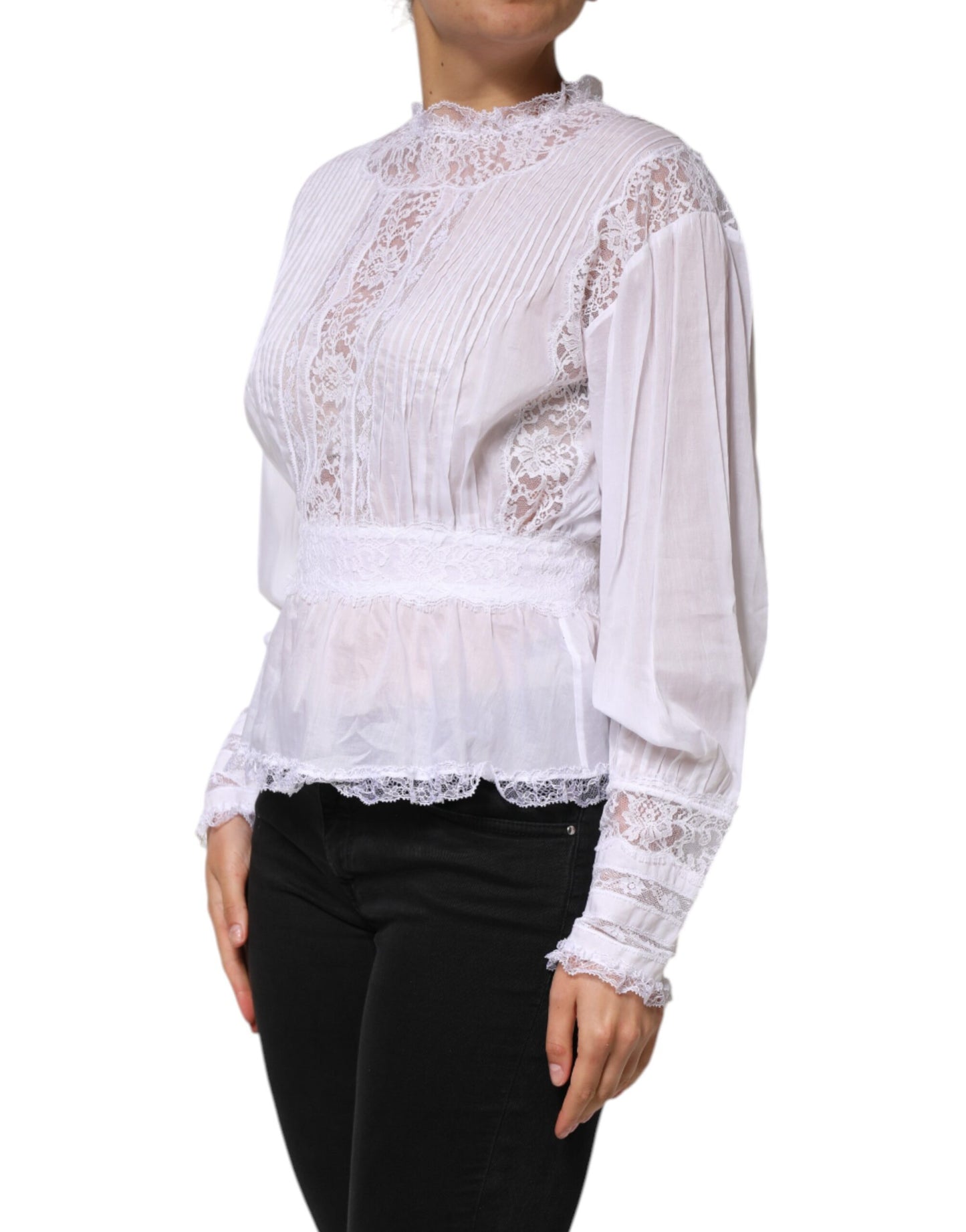 Blusa de manga larga con encaje floral de algodón blanco