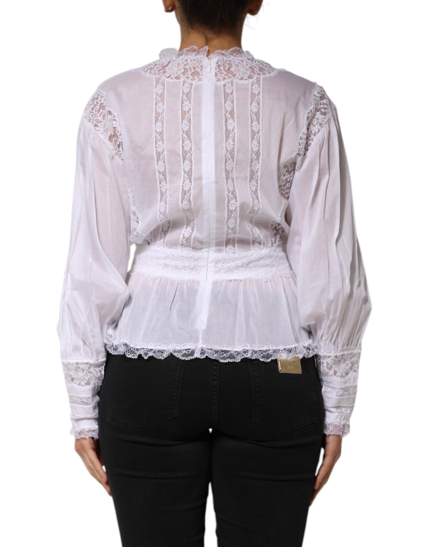 Blusa de manga larga con encaje floral de algodón blanco