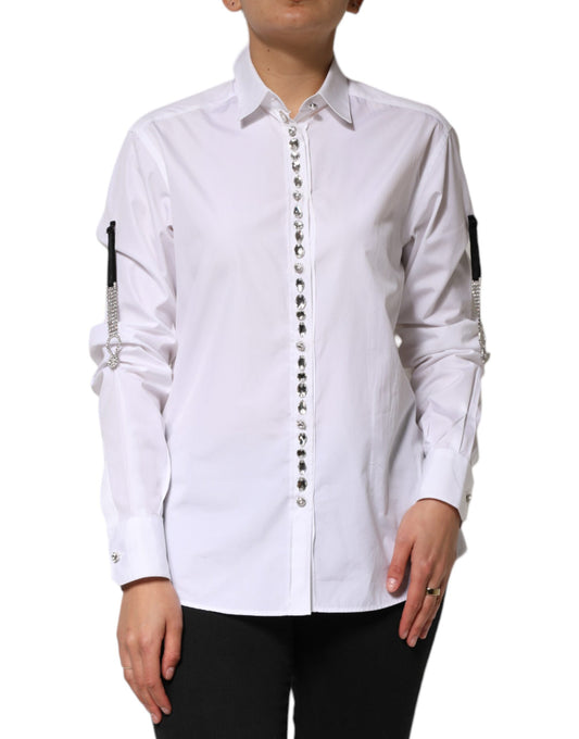 Camisa con cuello adornado con cristales blancos