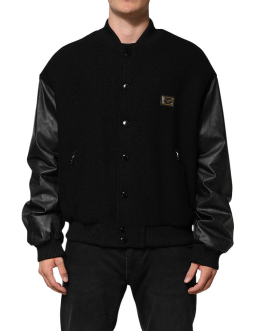 Chaqueta bomber de lana negra con placa del logotipo