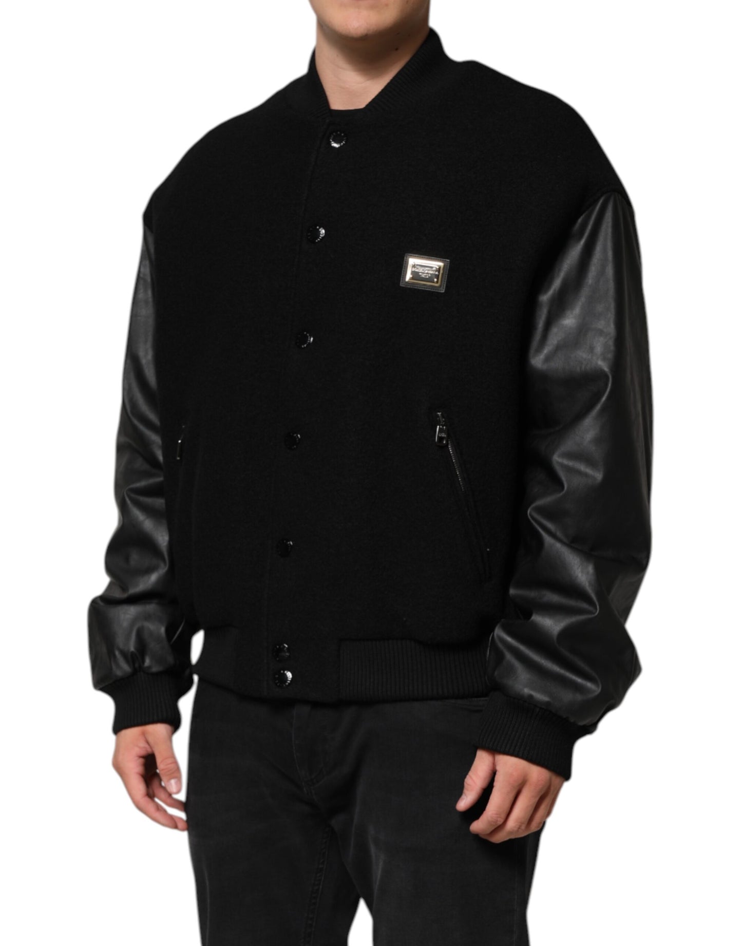 Chaqueta bomber de lana negra con placa del logotipo