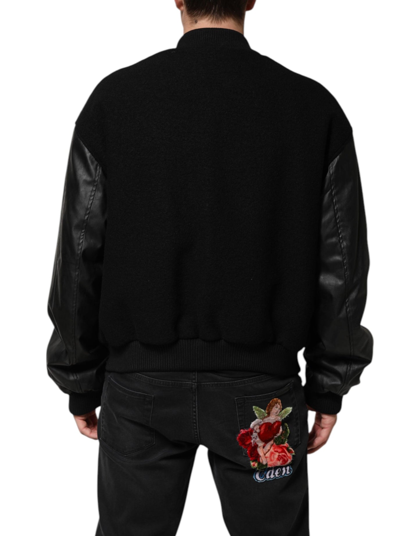 Chaqueta bomber de lana negra con placa del logotipo