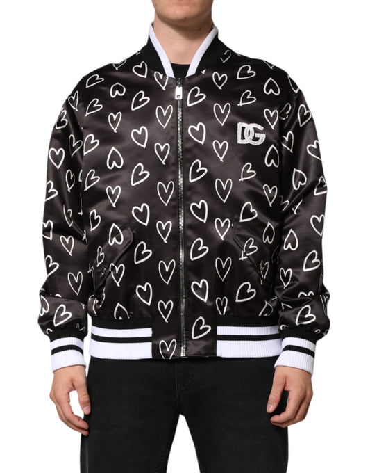 Chaqueta bomber de poliéster negra con estampado de corazones