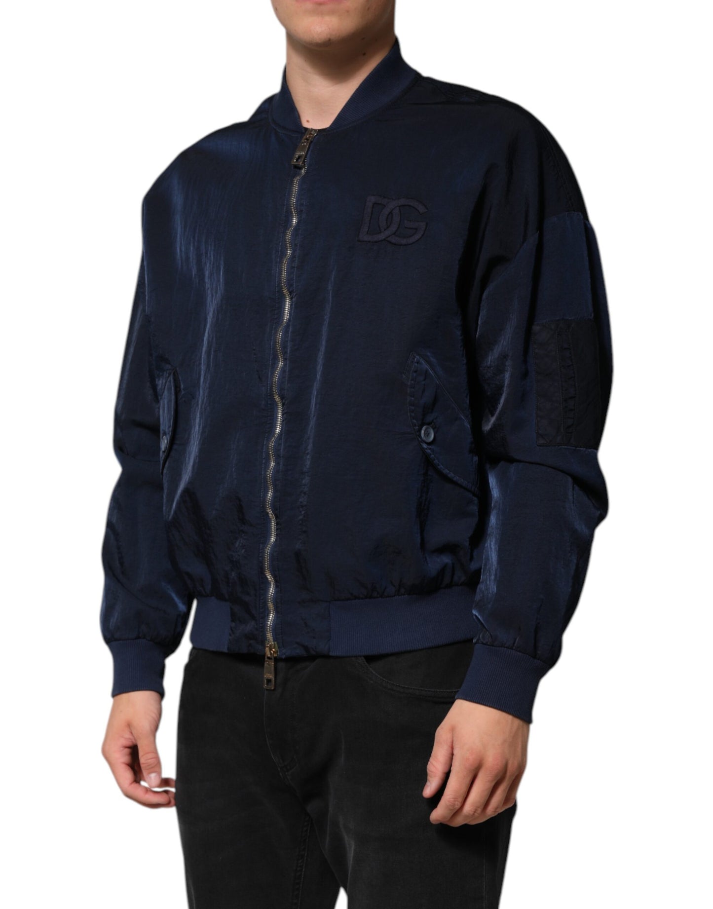 Chaqueta bomber de nailon azul con bordado DG para hombre