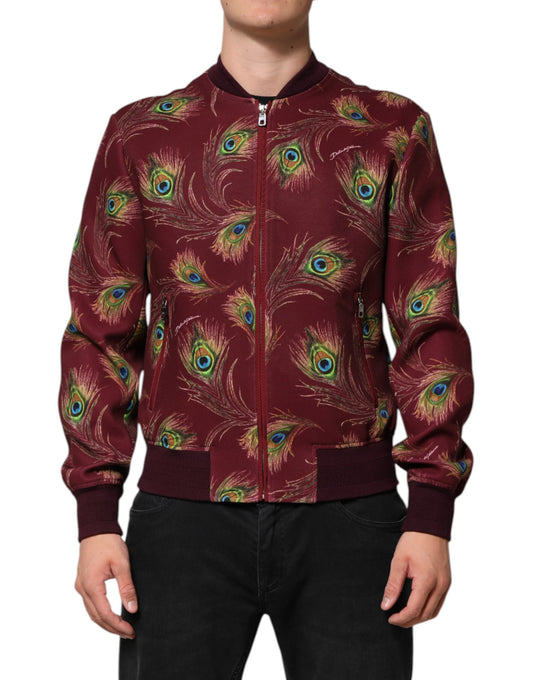 Chaqueta bomber con estampado de plumas de pavo real en color granate