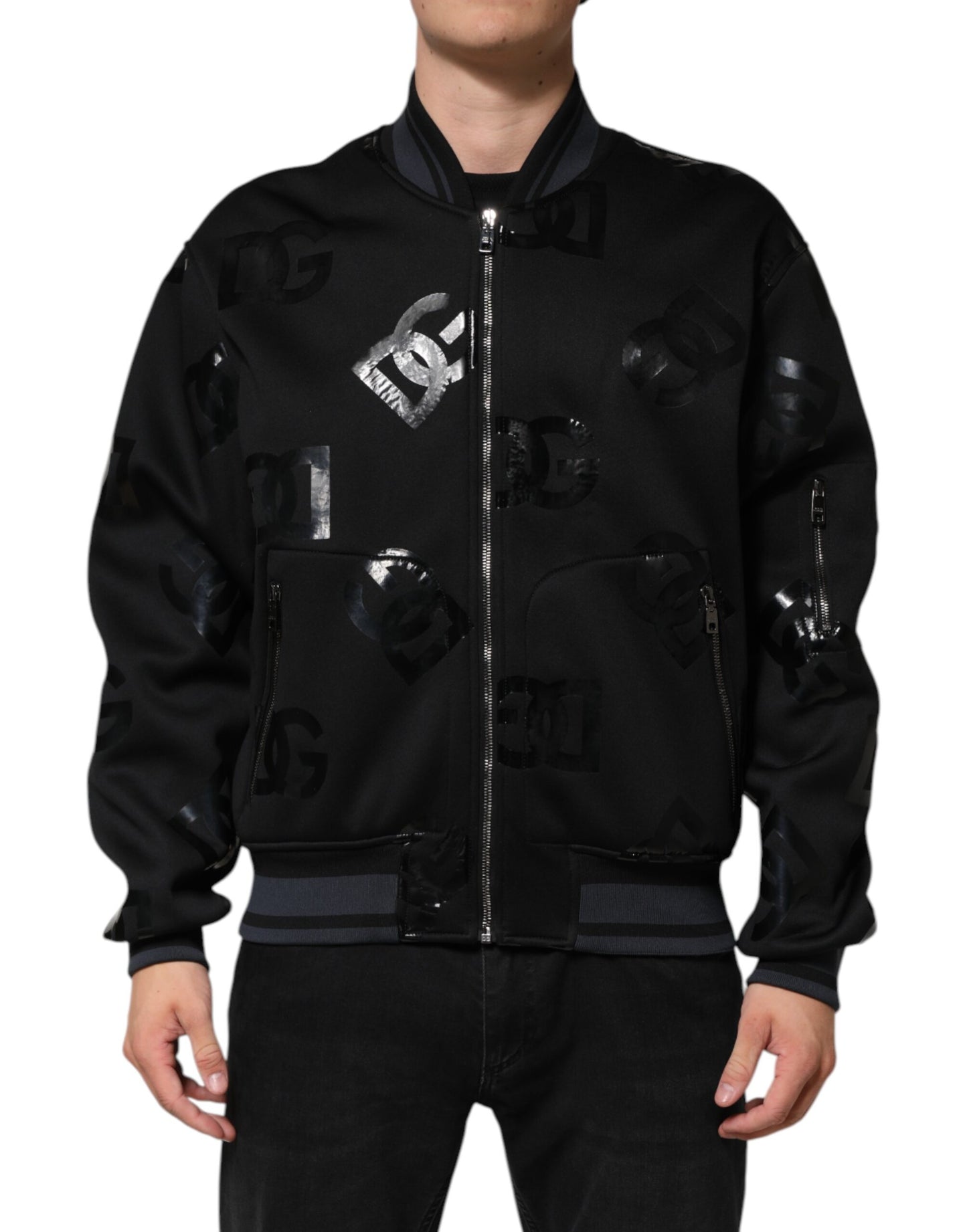 Chaqueta bomber de lana negra con logotipo de DG Mania para hombre