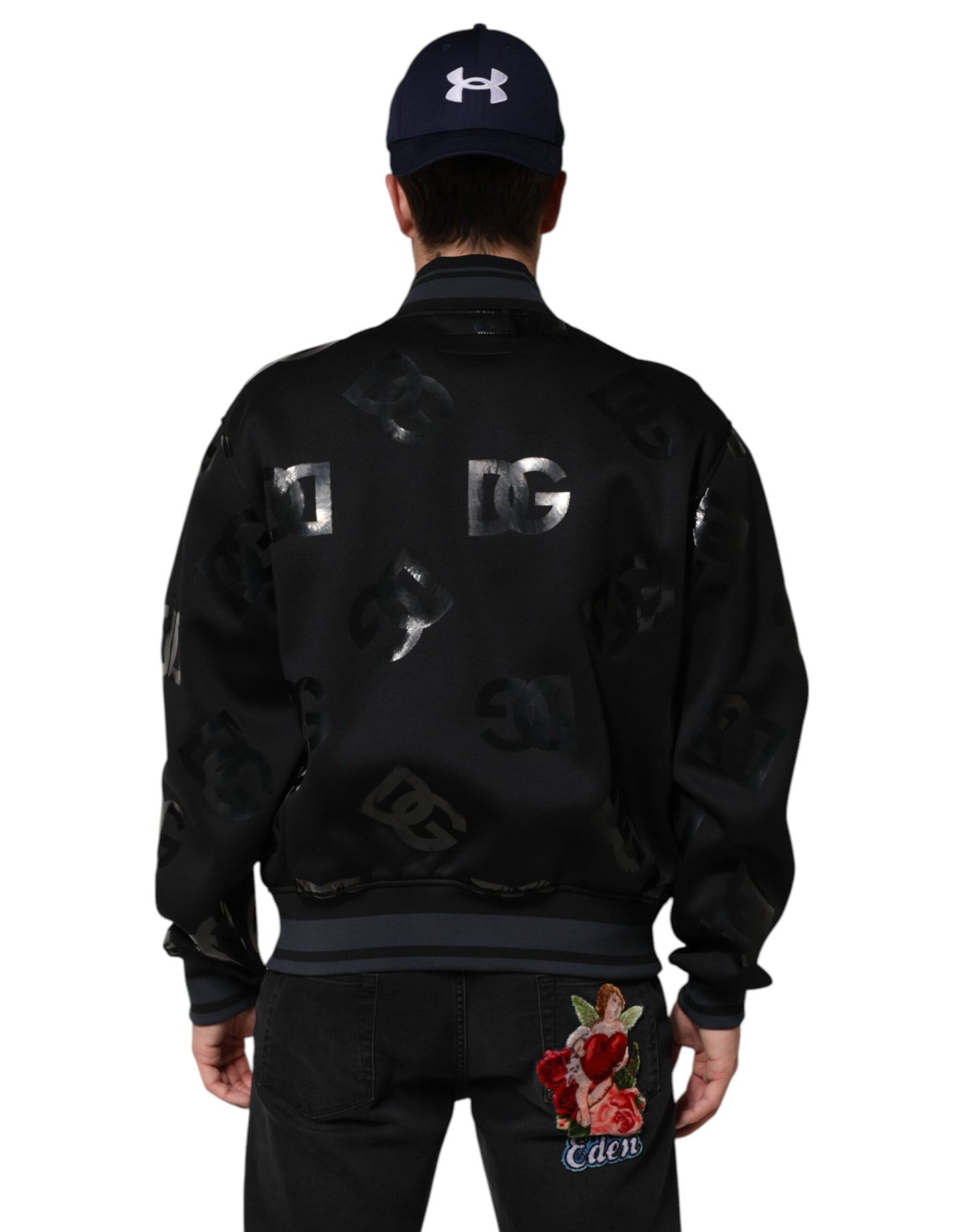 Chaqueta bomber de lana negra con logotipo de DG Mania para hombre