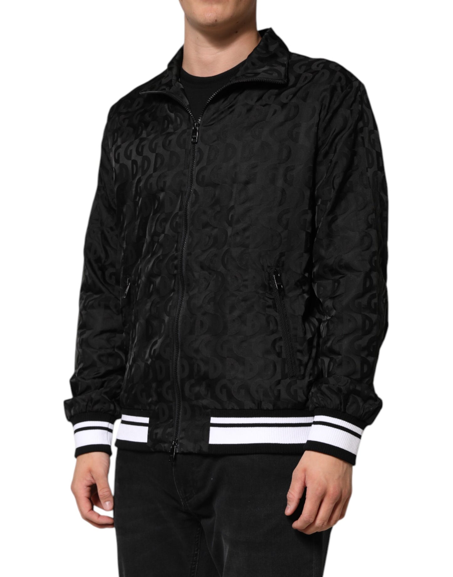 Suéter bomber con cremallera completa y jacquard negro para hombre