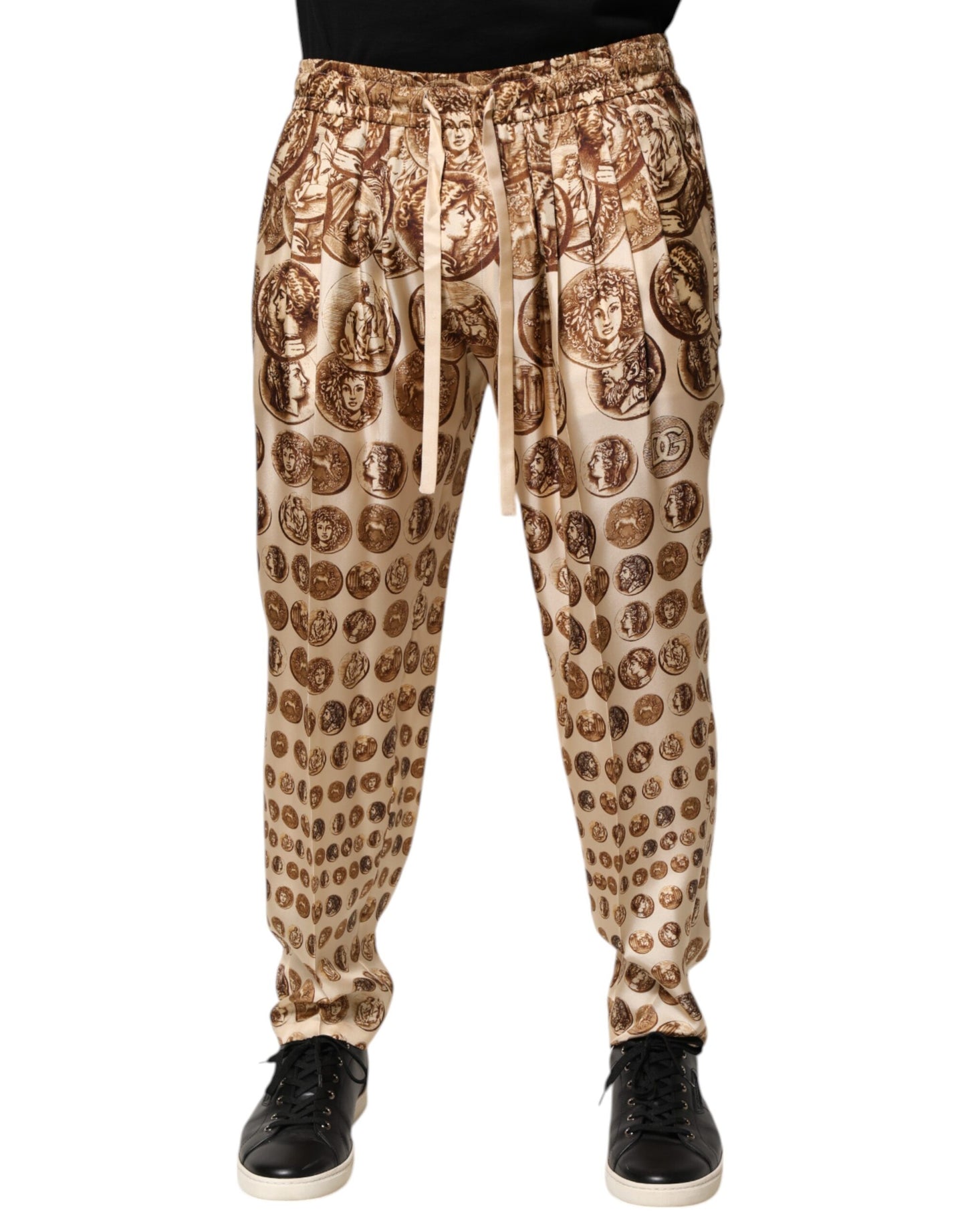 Pantalones deportivos de sarga de seda con estampado de monedas beige para hombre