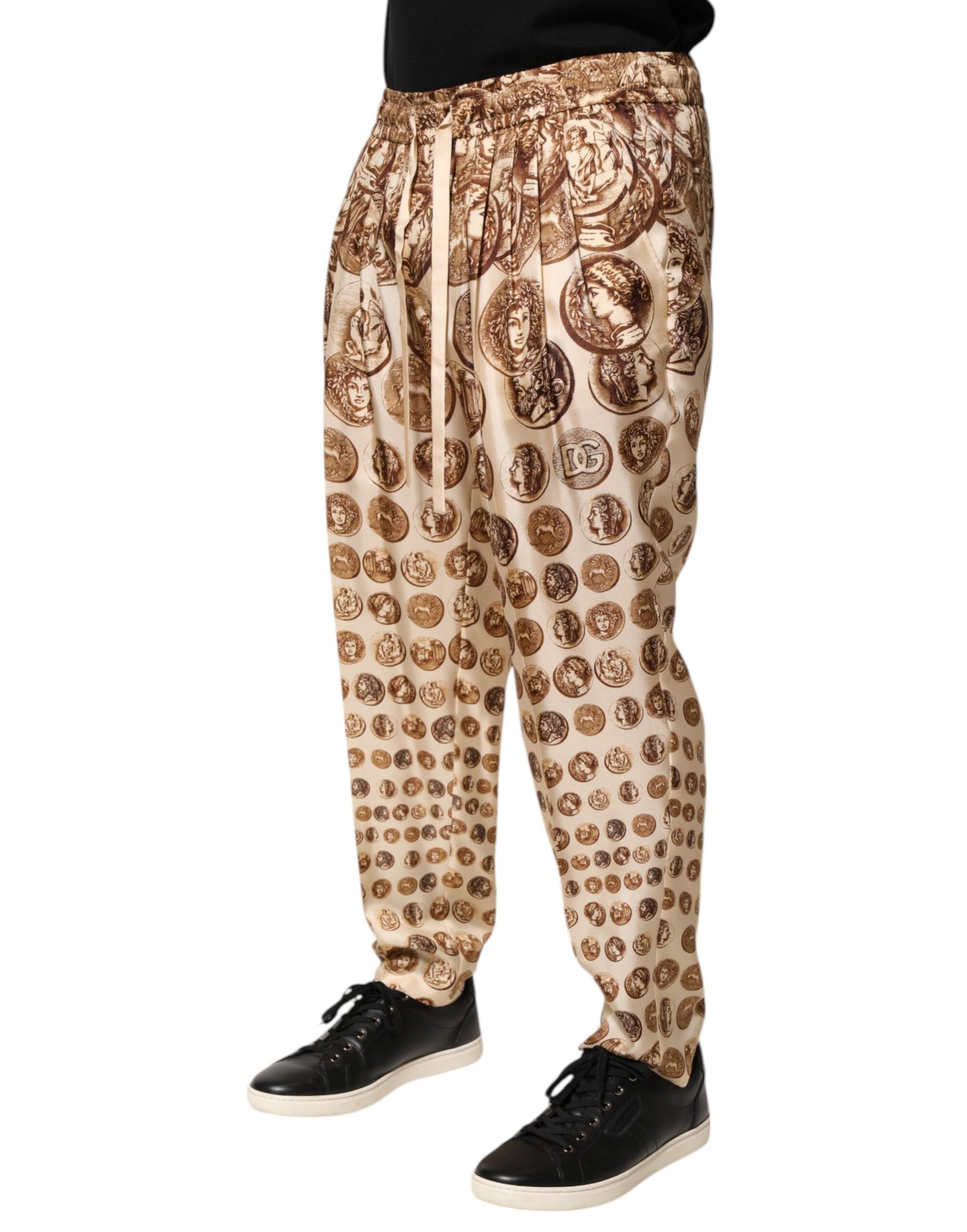 Pantalones deportivos de sarga de seda con estampado de monedas beige para hombre