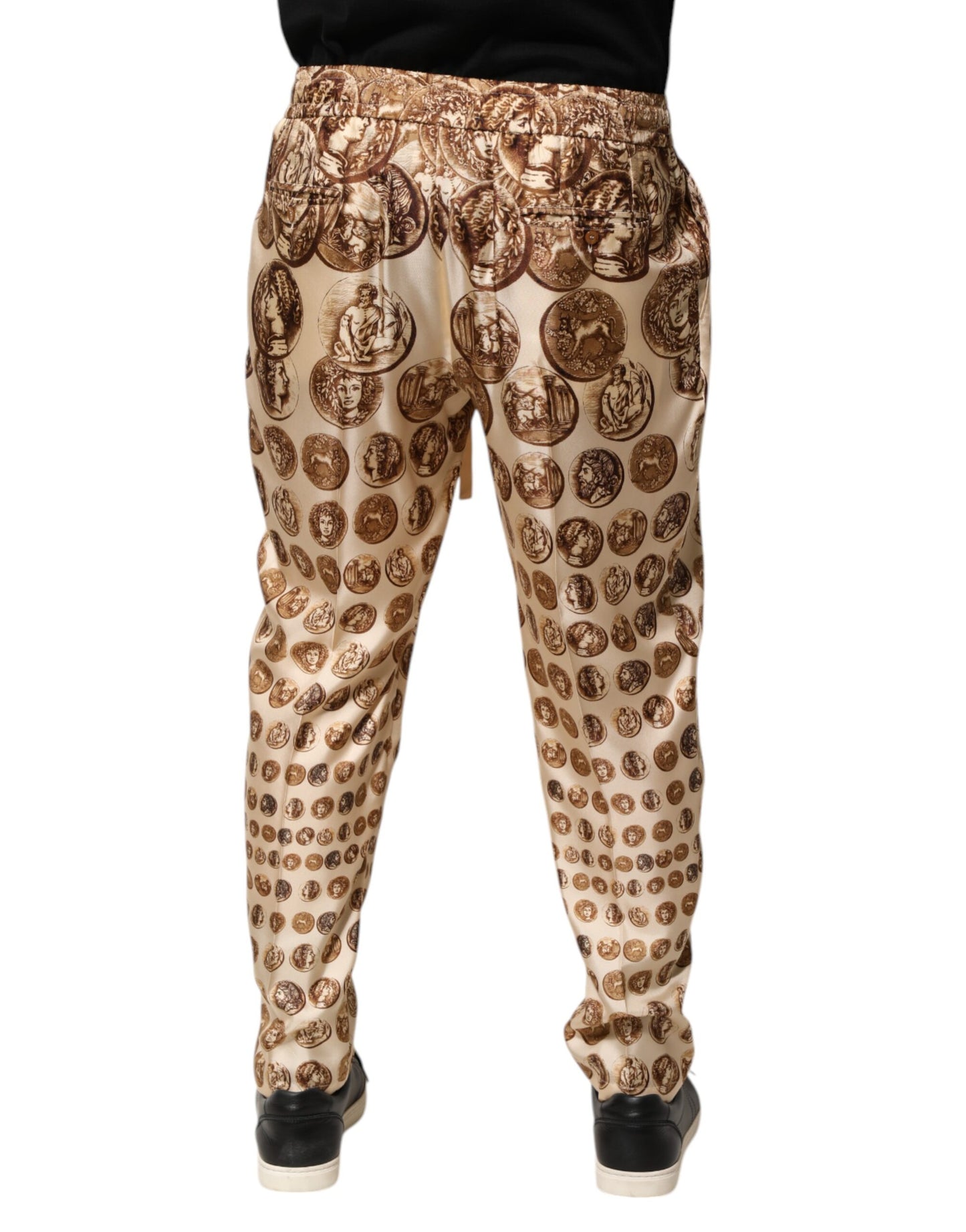 Pantalones deportivos de sarga de seda con estampado de monedas beige para hombre