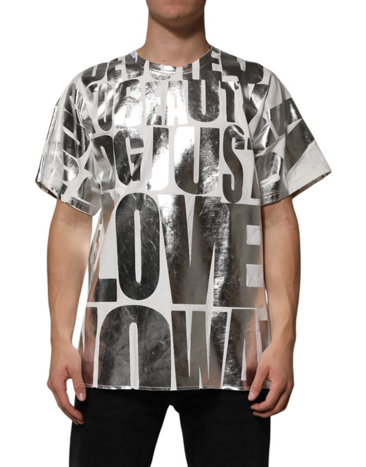Camiseta blanca de algodón con estampado de eslogan plateado metalizado