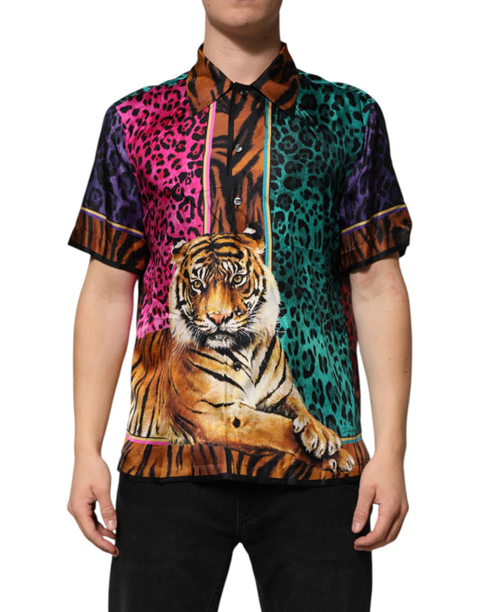 Camiseta hawaiana con estampado de tigre de seda multicolor