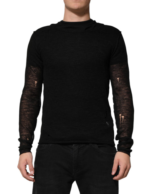 Camiseta de manga larga de lino negro con diseño de malla y rotos