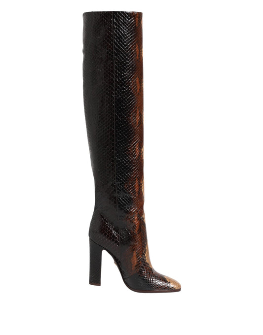 Botas de montar con estampado de piel de serpiente y pitón marrón