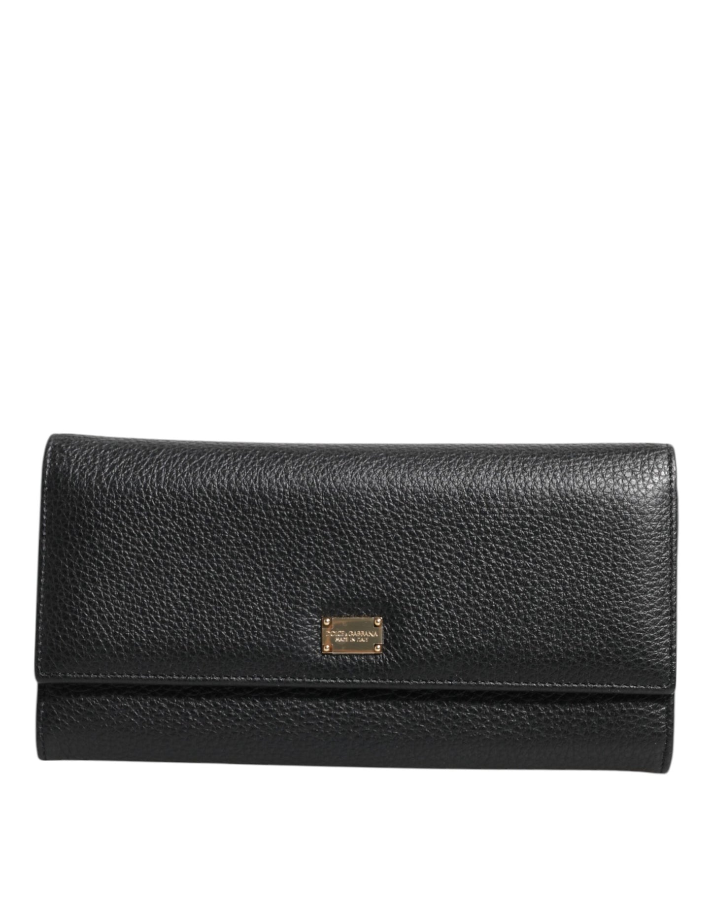 Cartera para tarjetas de cuero negro con tres pliegues y placa con el logotipo