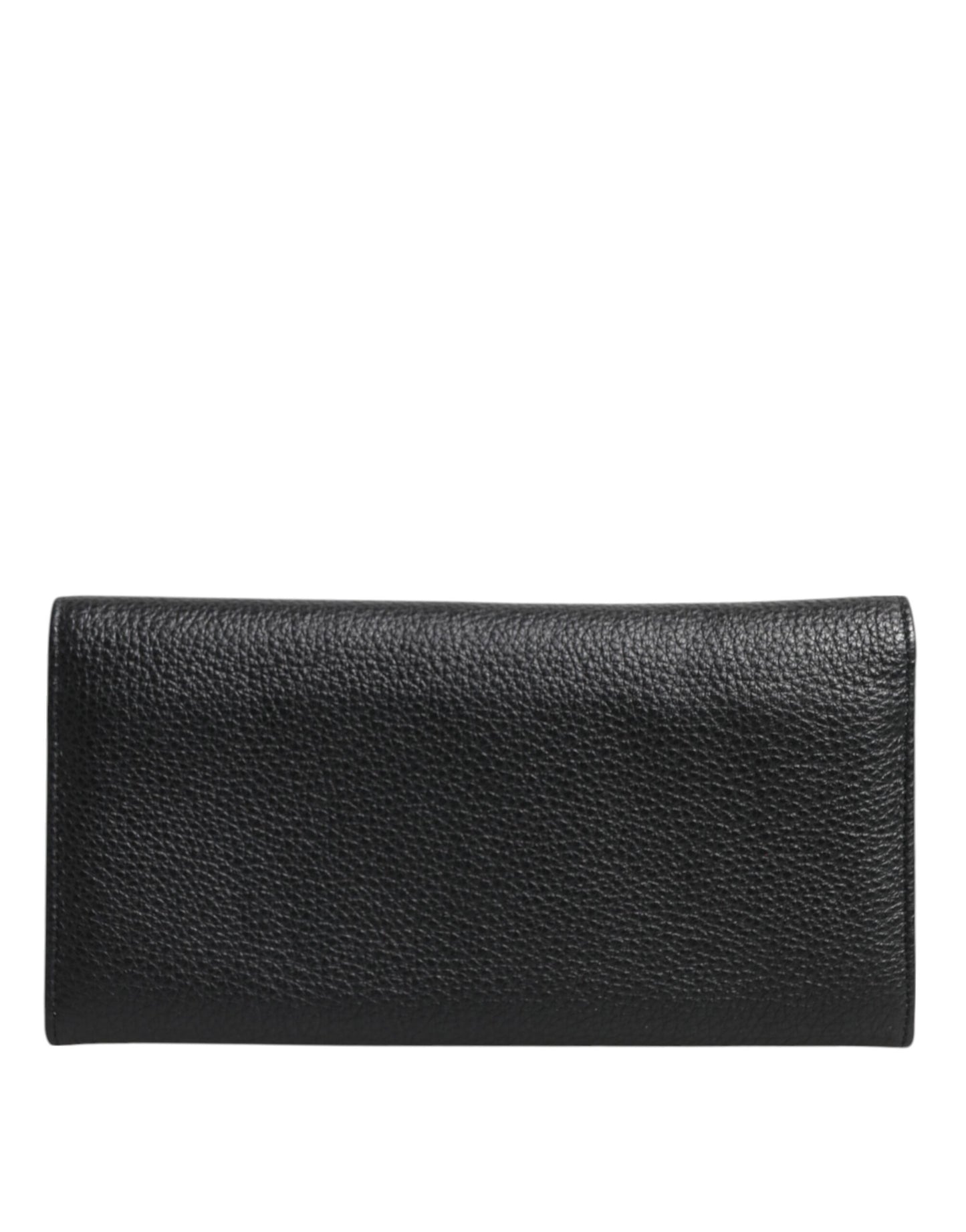 Cartera para tarjetas de cuero negro con tres pliegues y placa con el logotipo