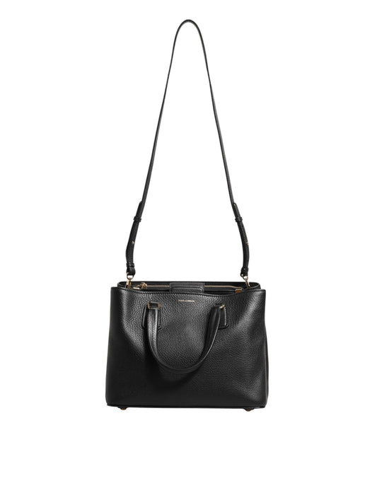 Bolso tote de hombro de piel de becerro negra con placa del logotipo