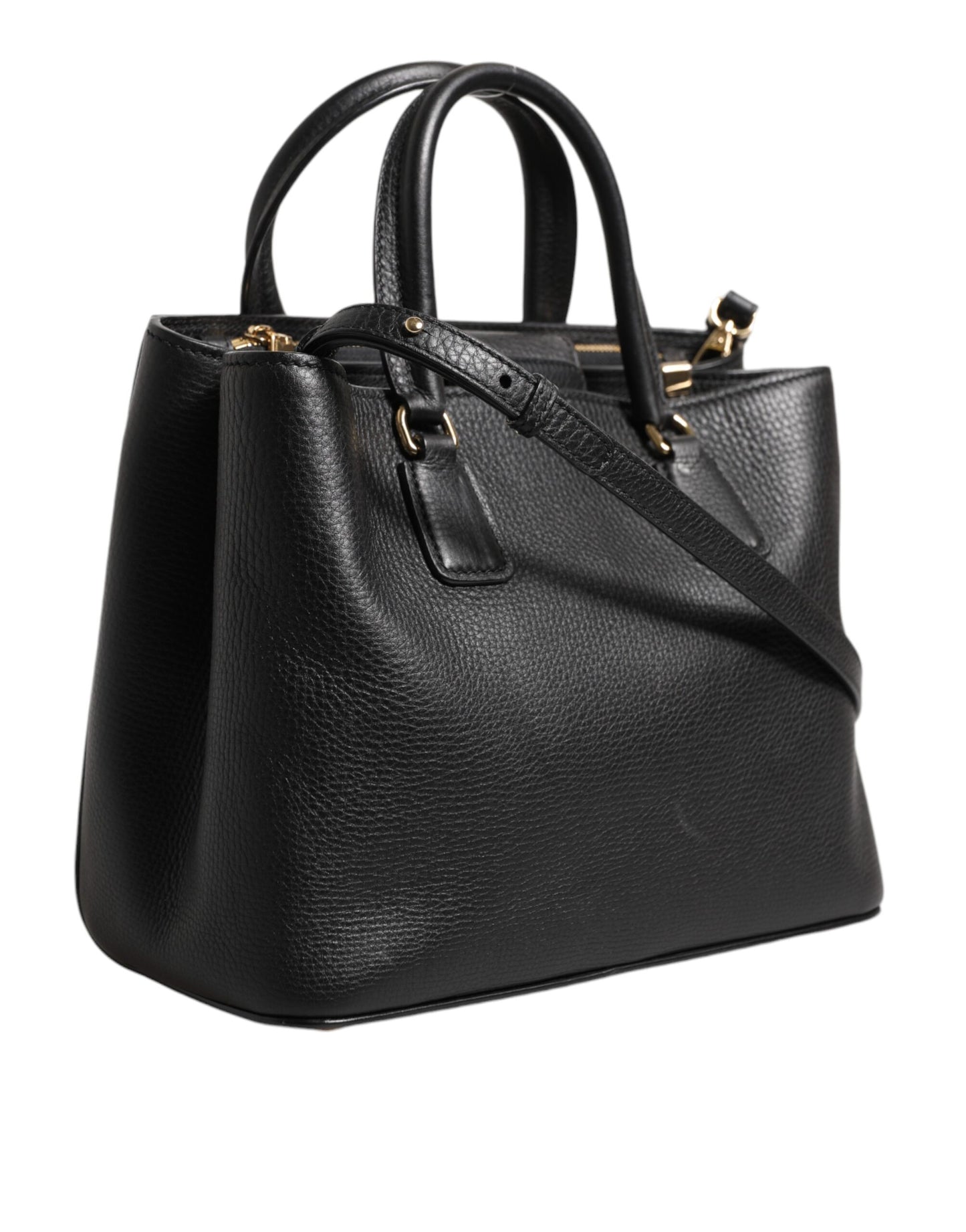 Bolso tote de hombro de piel de becerro negra con placa del logotipo