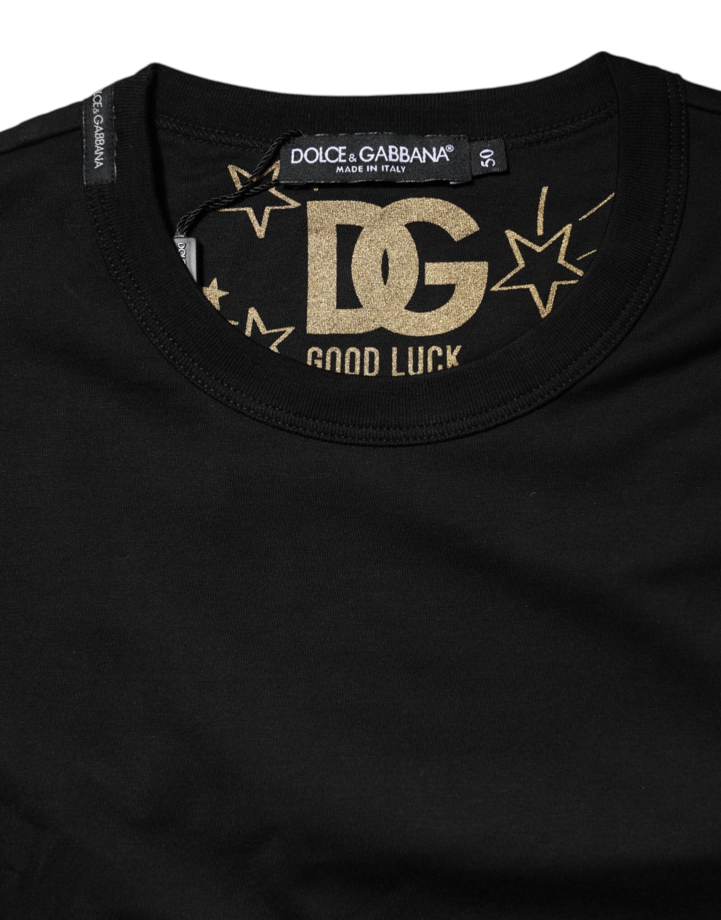 Camiseta de algodón negra con cuello redondo y estampado de logotipo