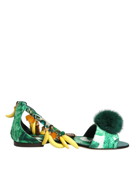 Sandalias de satén con hojas de plátano y piel de visón verde