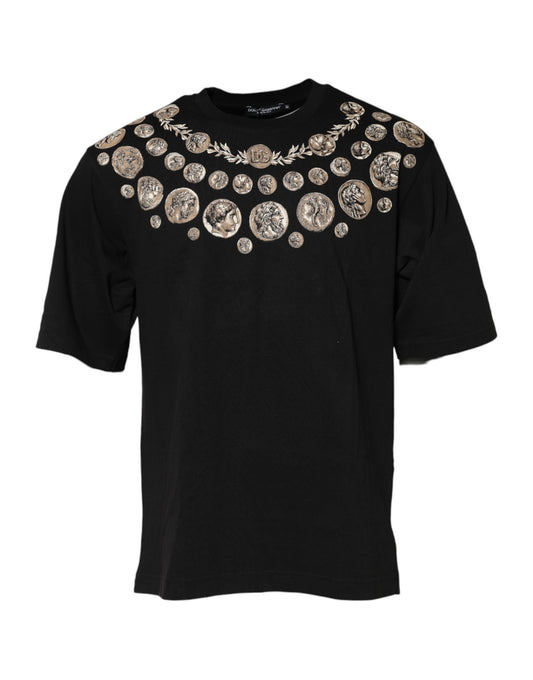 Camiseta de algodón con cuello redondo y estampado de monedas negras