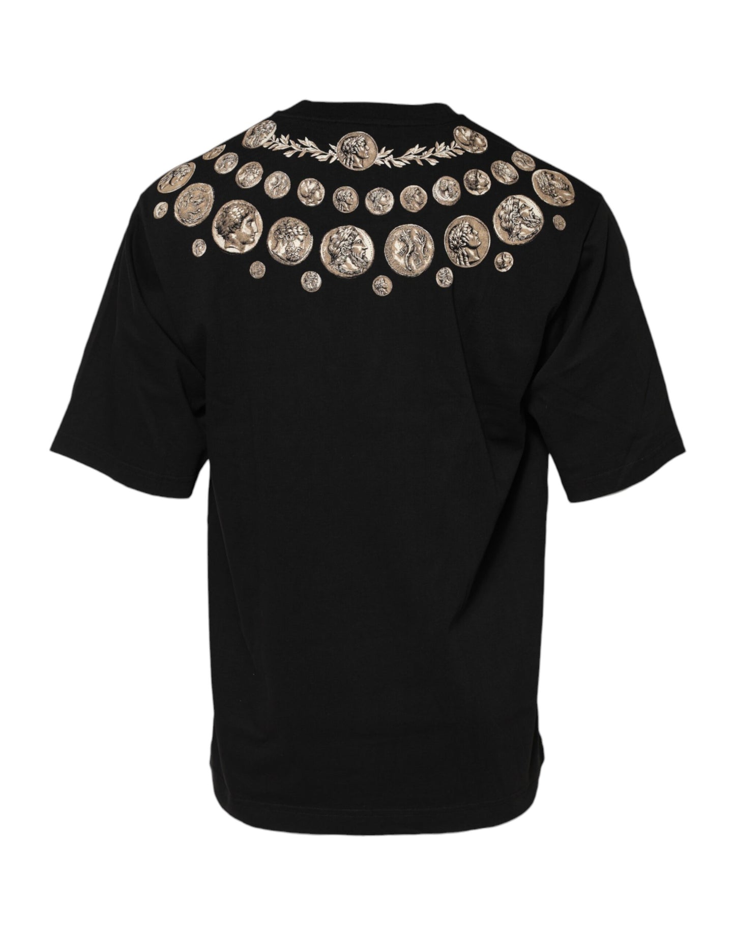 Camiseta de algodón con cuello redondo y estampado de monedas negras