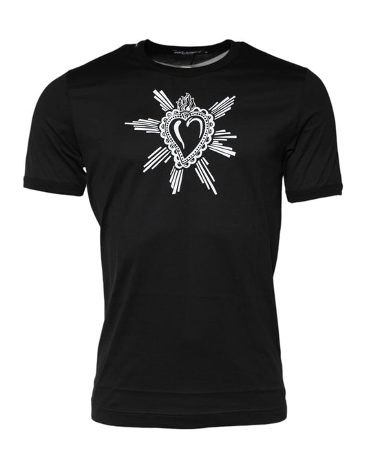 Camiseta negra de algodón con cuello redondo del Sagrado Corazón